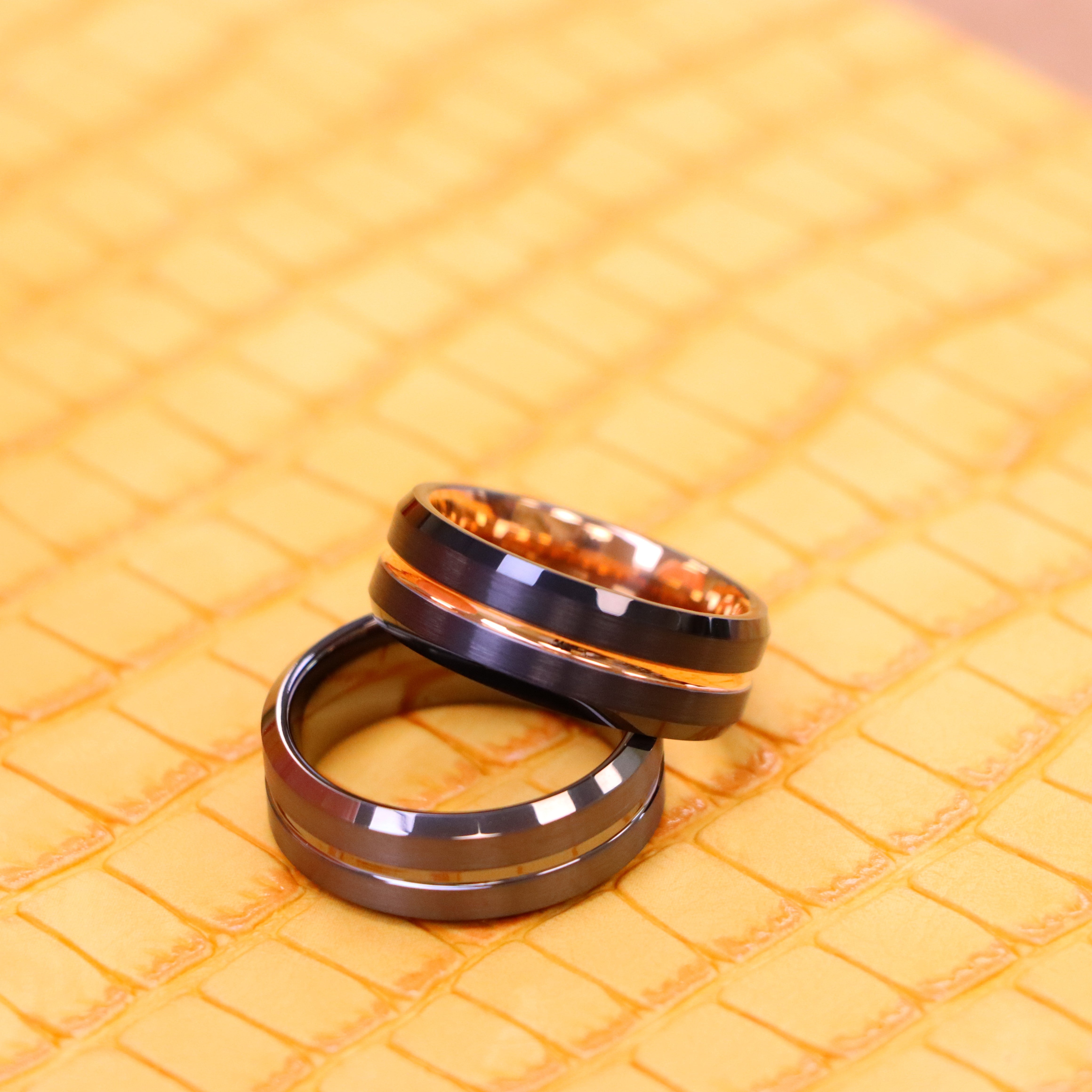 8mm Black Ring Rose Gold Plated Inside & Grooved Center/Gun Metal IP Plated Grooved Tungsten Ring - Labhu USA