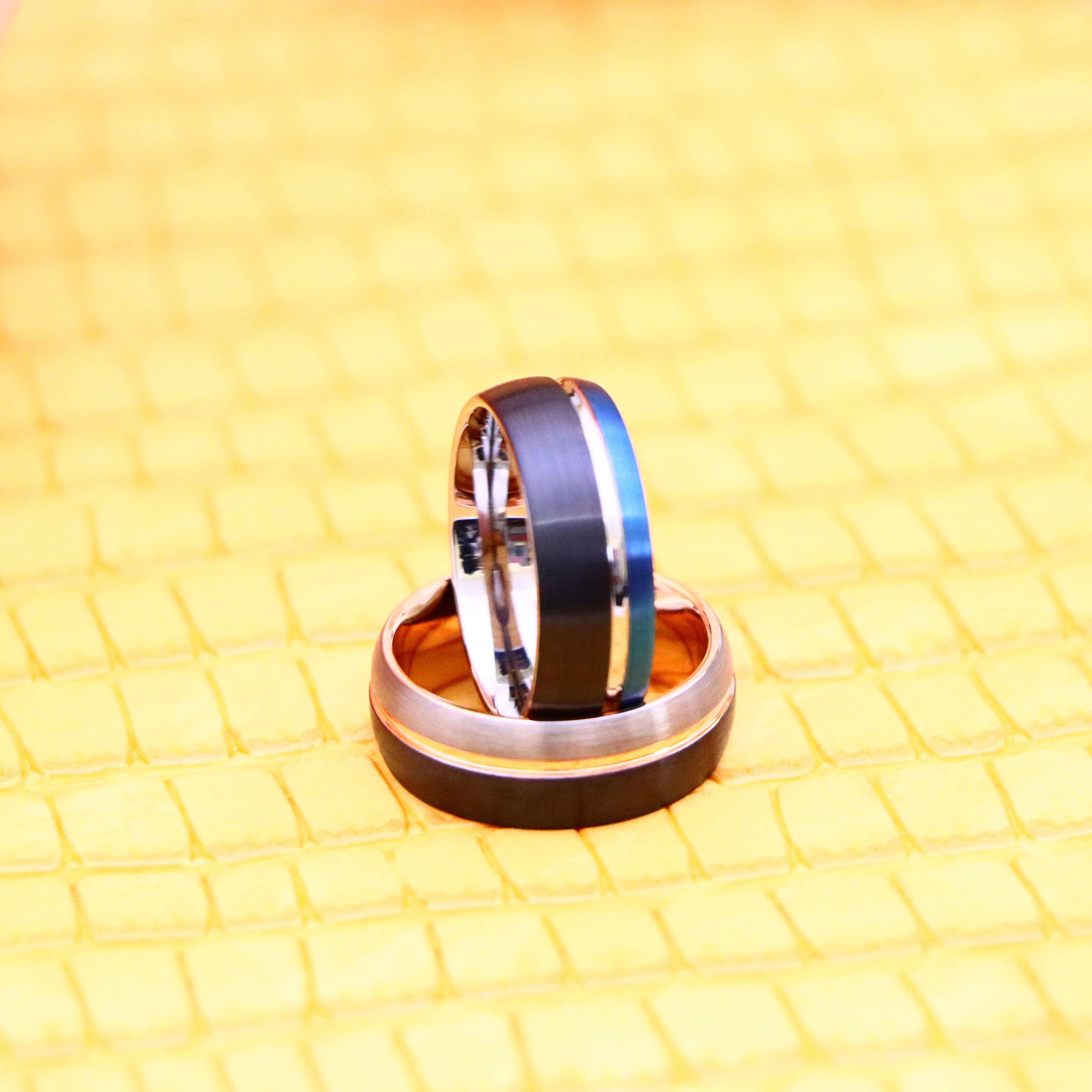 8mm Three-tone Natural, Rose Gold & Black IP Plated/Blue & Black IP Plated Groove Tungsten Ring - Labhu USA