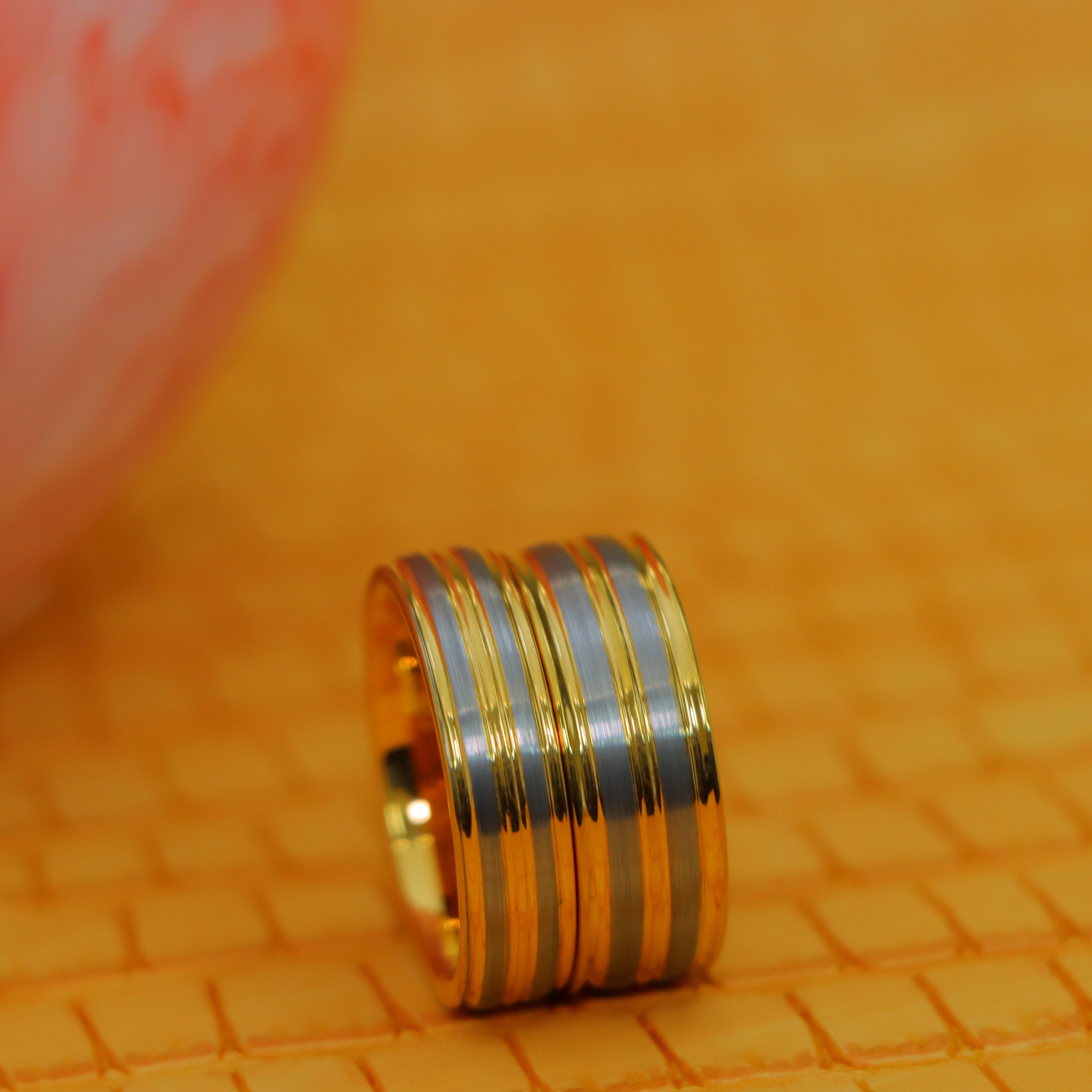 Yellow Gold IP Plated Pinstripe & Gun Metal Finish Low Beveled Edge Tungsten Ring - Labhu USA