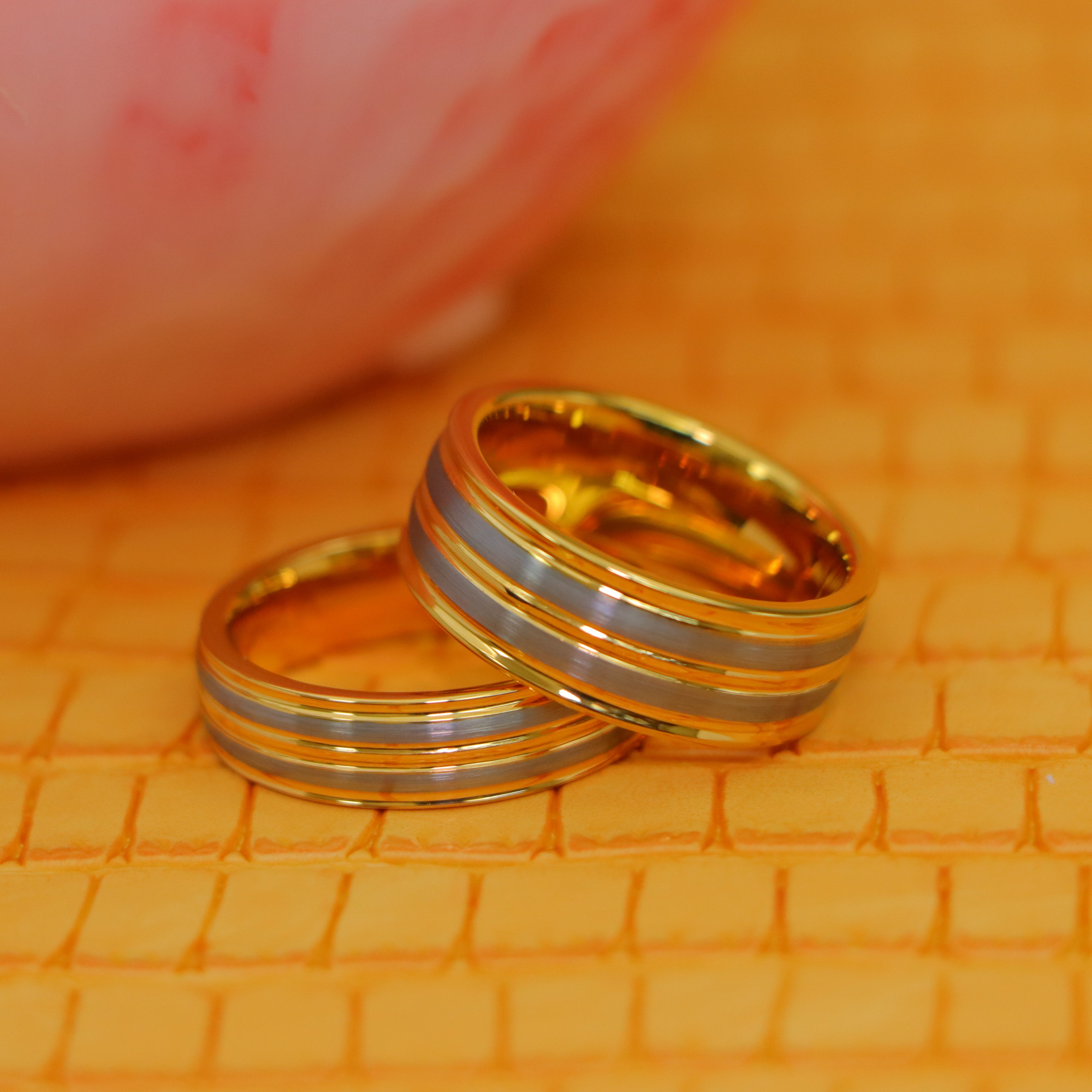 Yellow Gold IP Plated Pinstripe & Gun Metal Finish Low Beveled Edge Tungsten Ring - Labhu USA