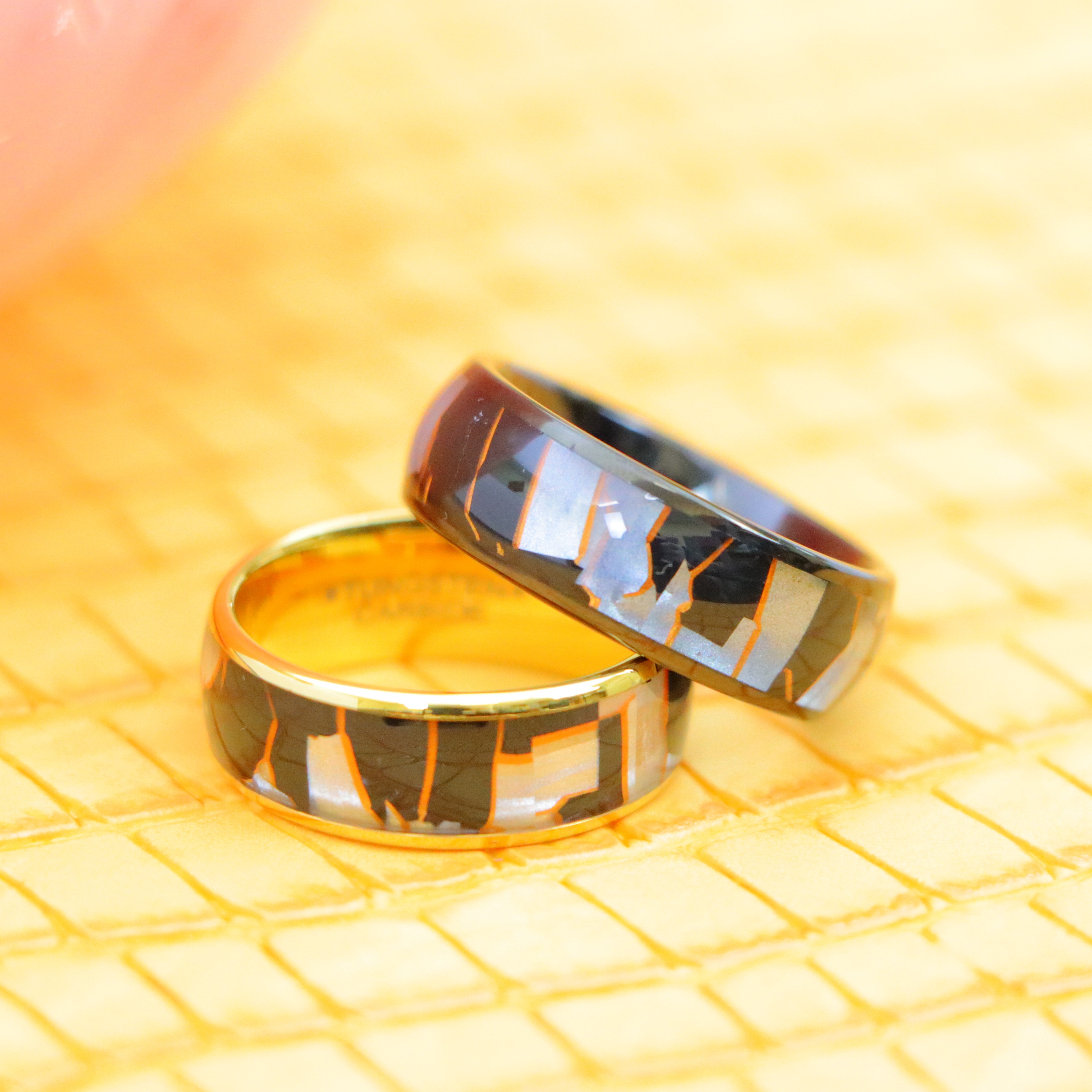 8mm Yellow IP Plated/Black IP Plated Capiz, Black Resin & Gold Shavings Inlay Tungsten Ring - Labhu USA