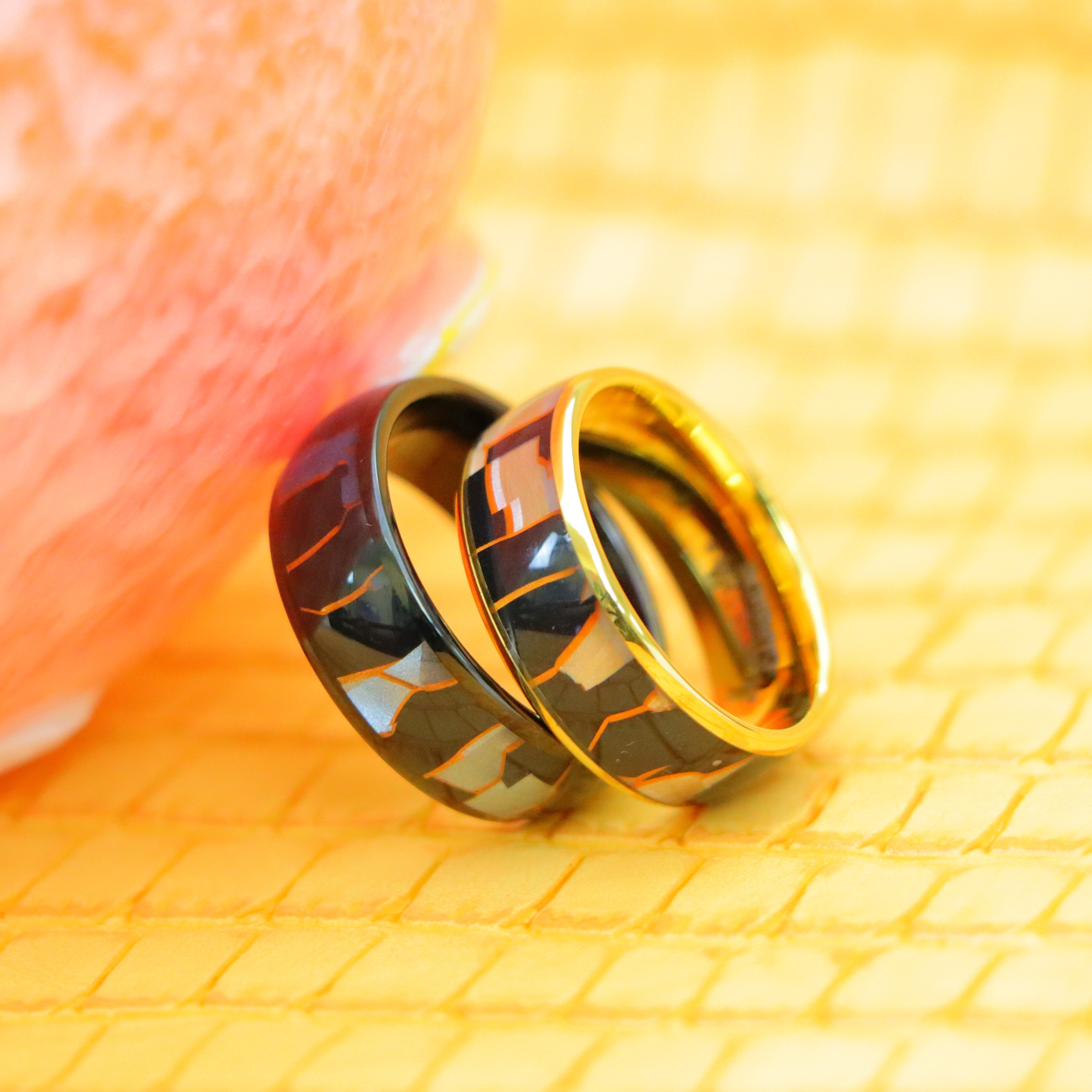 8mm Yellow IP Plated/Black IP Plated Capiz, Black Resin & Gold Shavings Inlay Tungsten Ring - Labhu USA