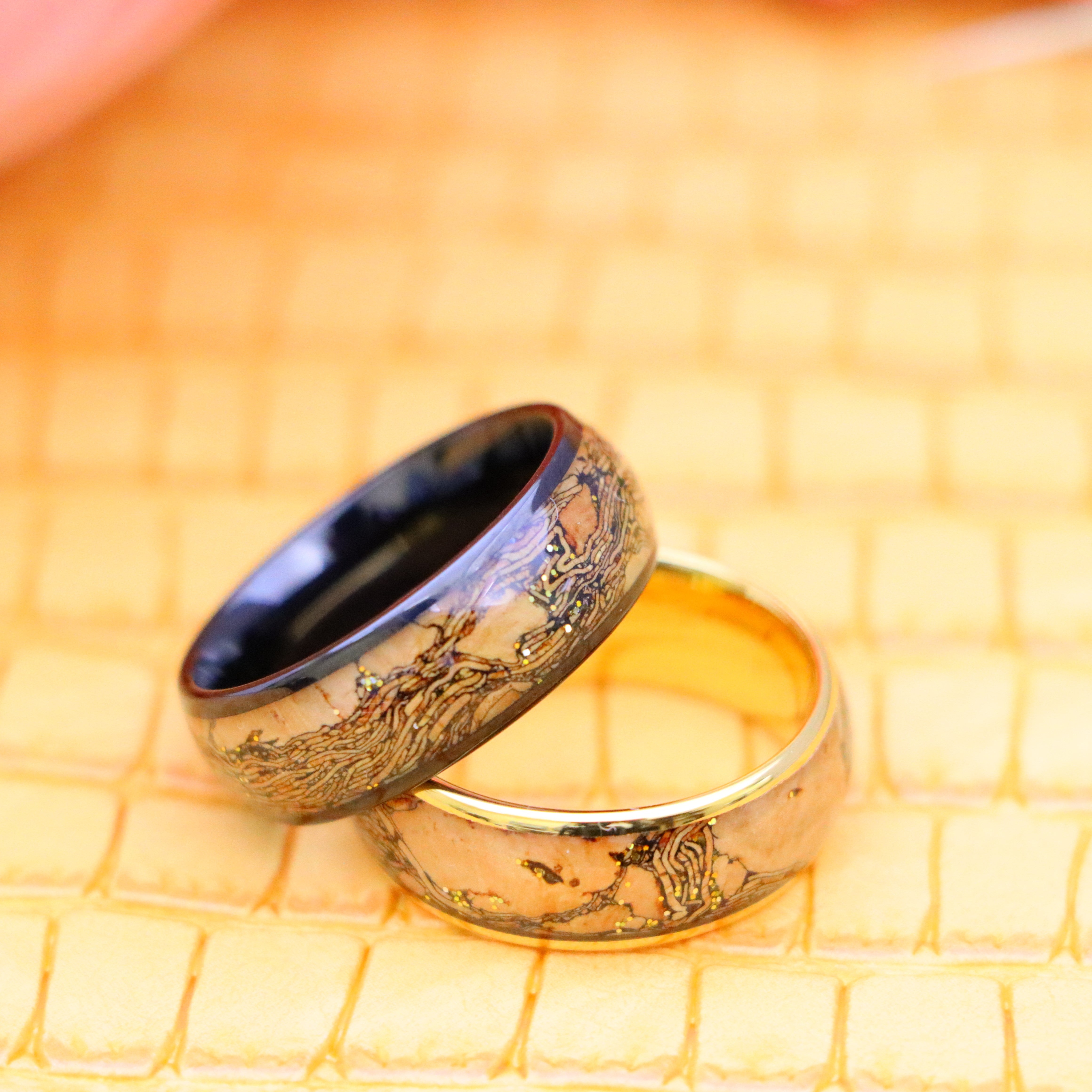 8mm Dome Yellow Gold IP / Black IP Plated Cork & Gold Glitter Inlay Tungsten Ring - Men's Tungsten Jewelry Labhu USA