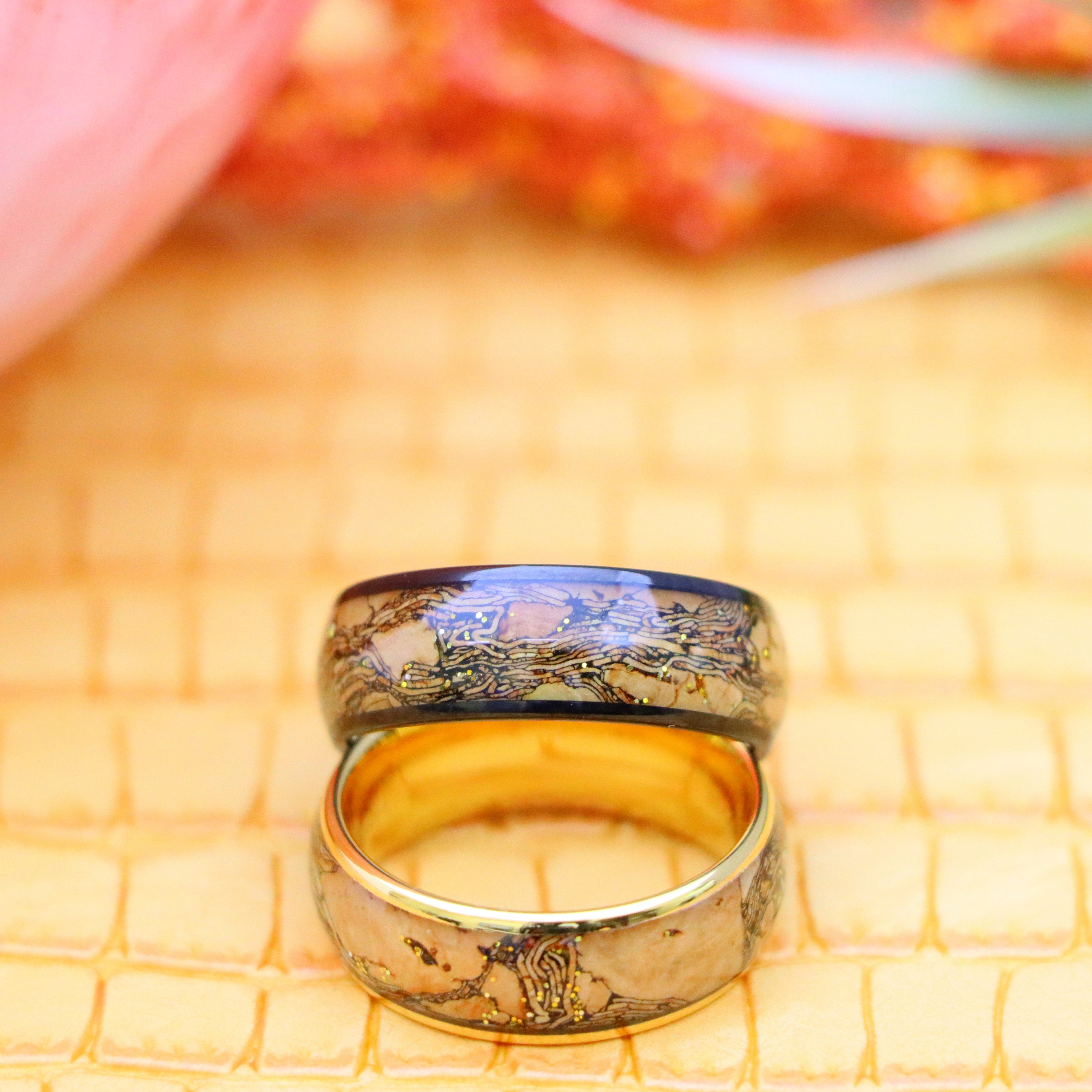 8mm Dome Yellow Gold IP / Black IP Plated Cork & Gold Glitter Inlay Tungsten Ring - Men's Tungsten Jewelry Labhu USA