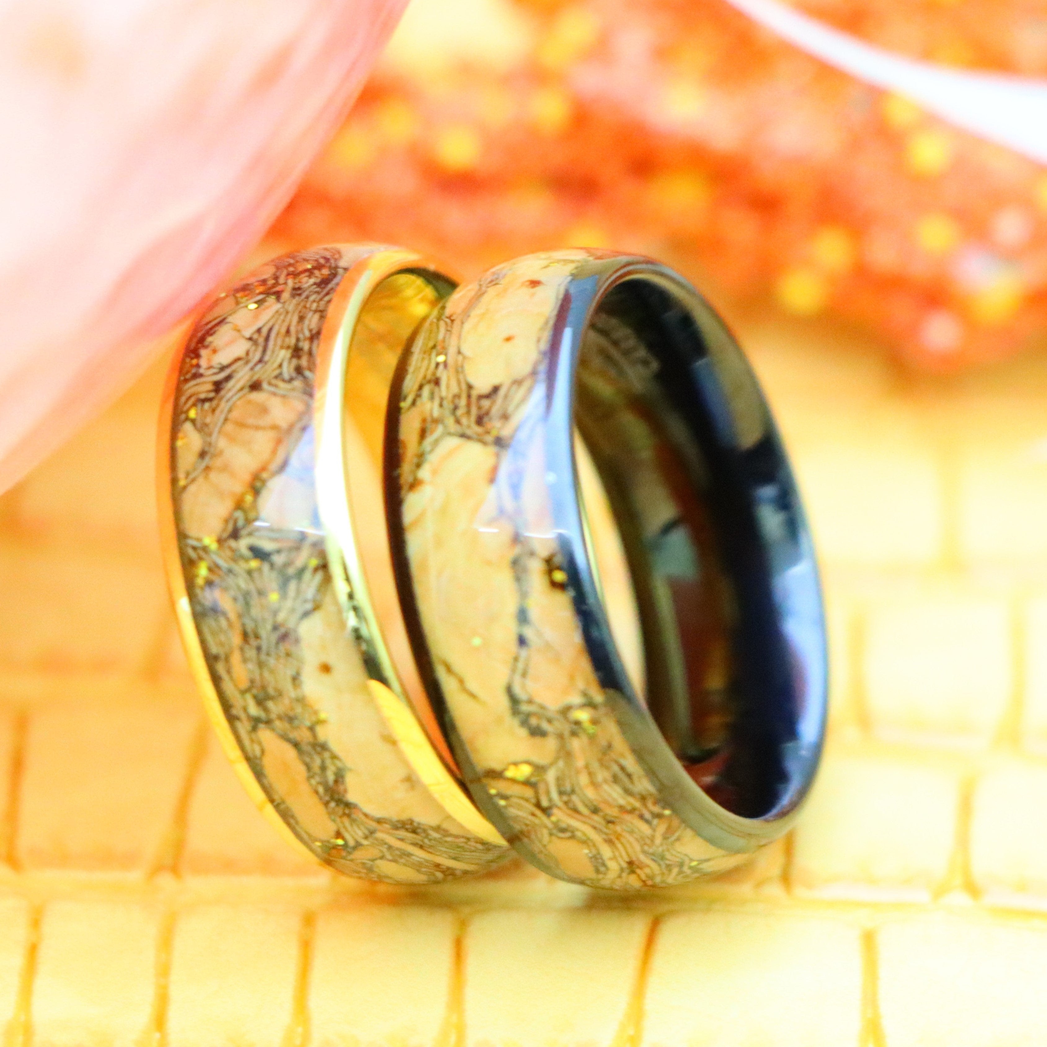 8mm Dome Yellow Gold IP / Black IP Plated Cork & Gold Glitter Inlay Tungsten Ring - Men's Tungsten Jewelry Labhu USA