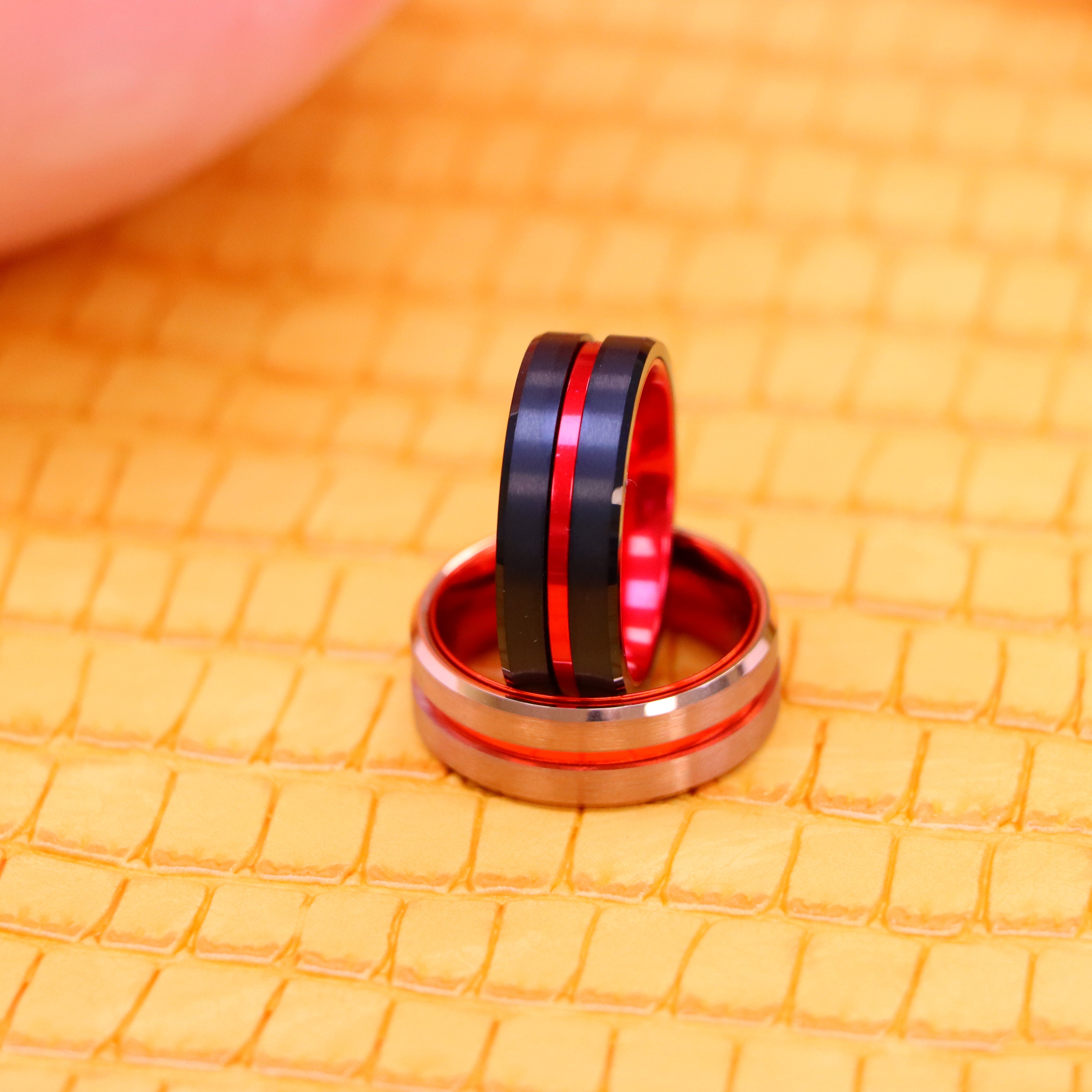 8mm Rose Gold Plated / Black Plated Tungsten Ring with Grooved Center and RED Anodized Aluminum Sleeve Labhu USA