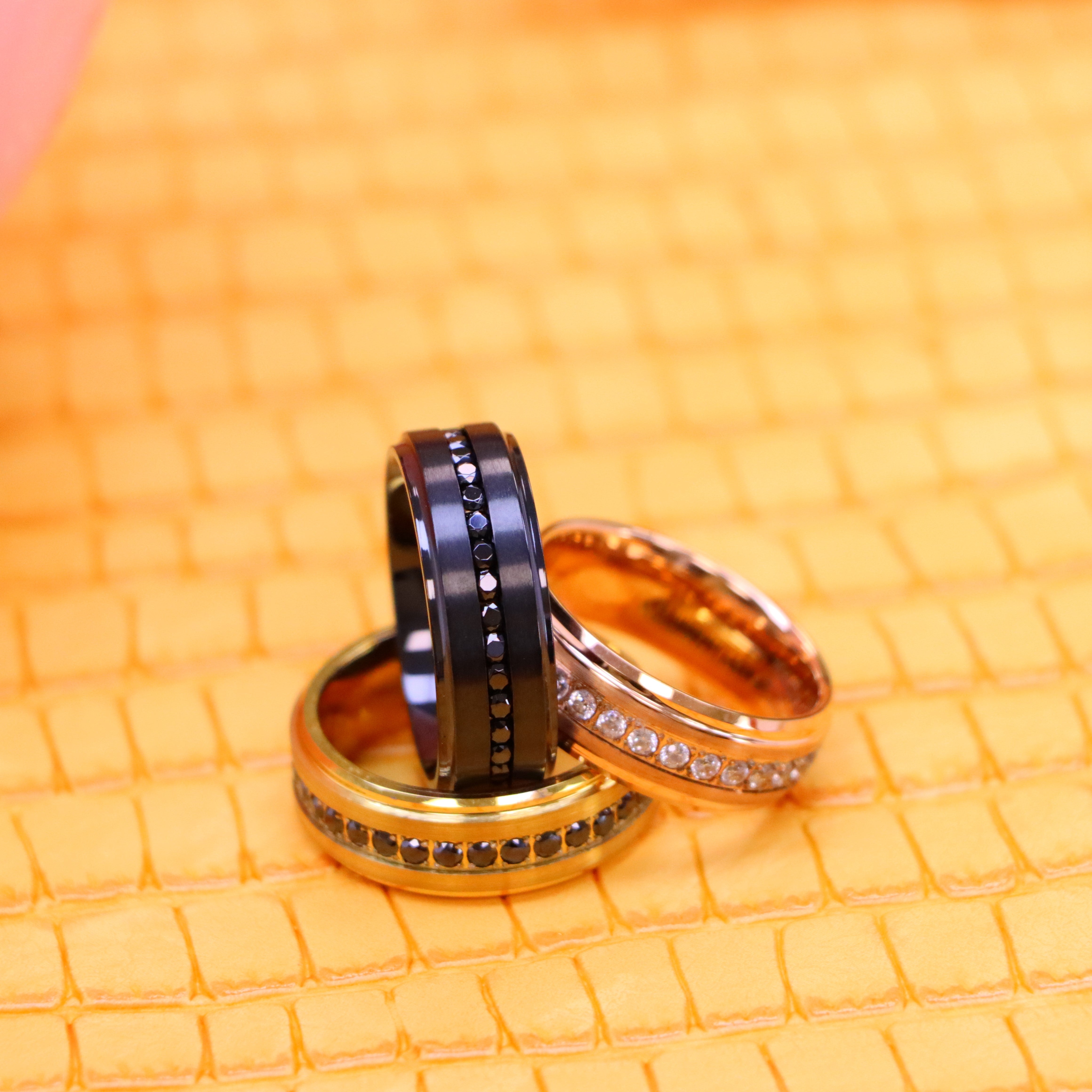 8mm Black IP Plated Titanium Beveled Edge Black CZ Eternity Band, Rose Gold IP Plated White CZ Round Cut Eternity Tungsten Ring and Yellow Gold IP Plated White CZ Round Cut Eternity wedding Tungsten Ring for men - product view image
