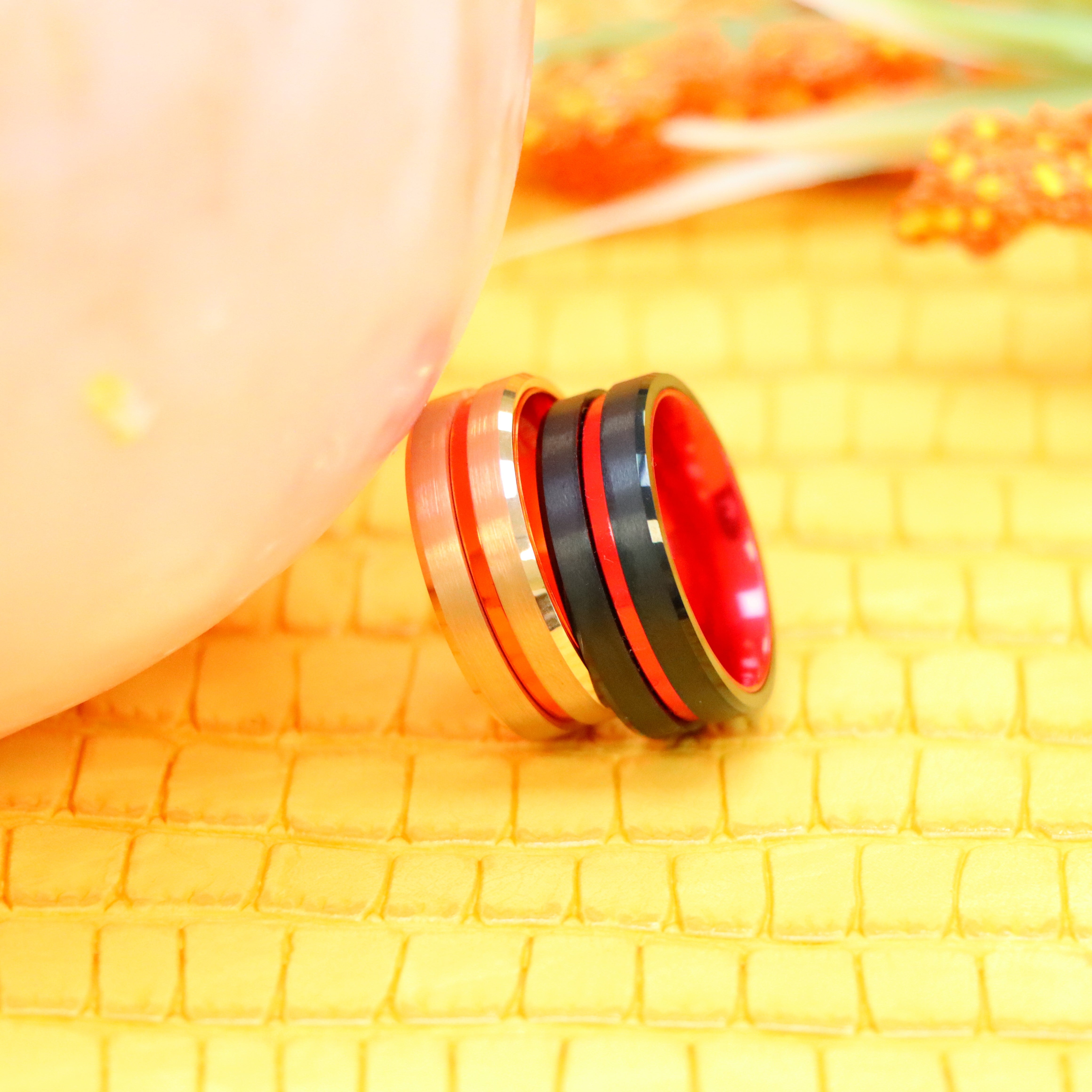8mm Rose Gold Plated / Black Plated Tungsten Ring with Grooved Center and RED Anodized Aluminum Sleeve Labhu USA