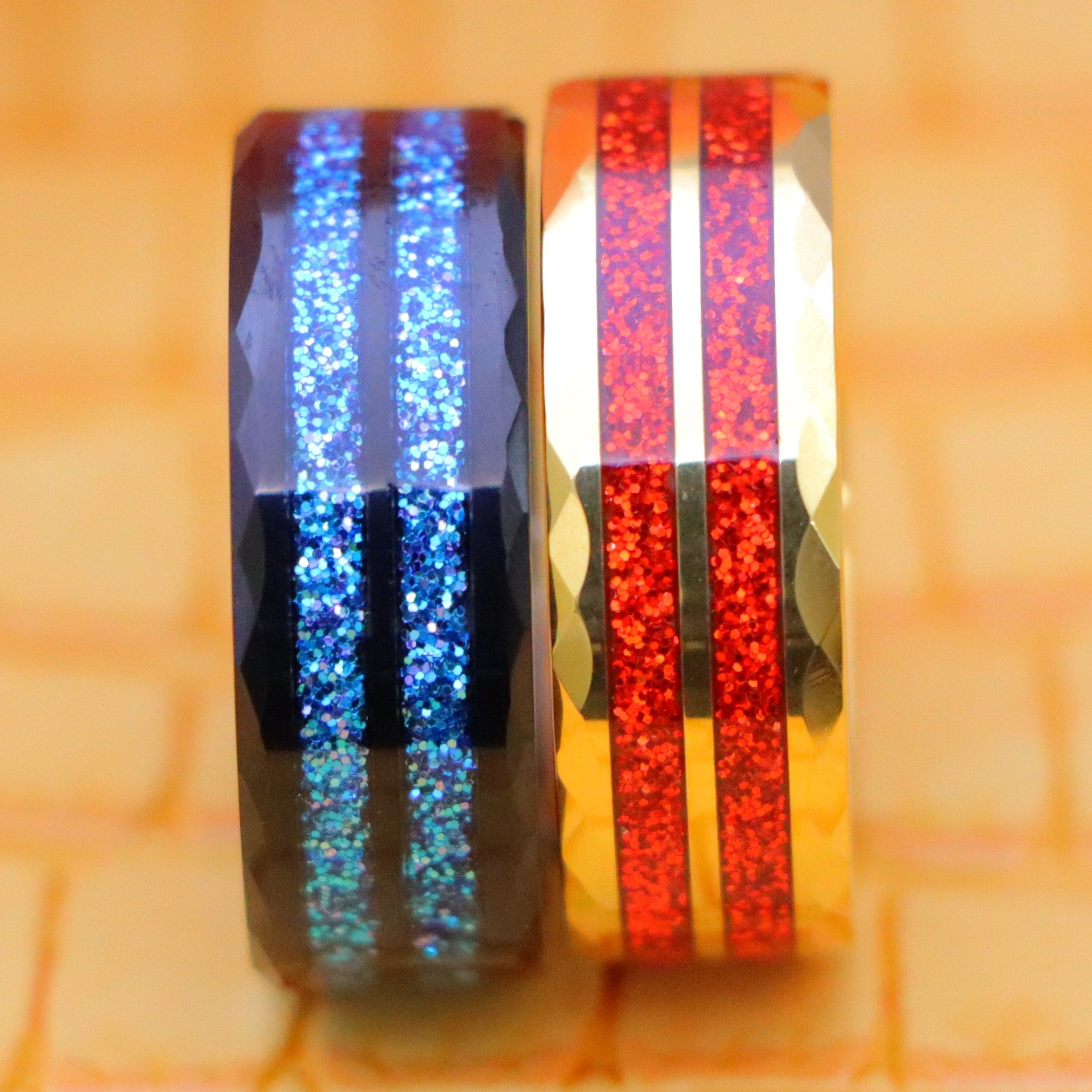 8mm Black IP Plated ring with blue glitter inlay and 8mm Yellow IP Plated ring with Red Glitter Inlay men's tungsten ring - clear front view image