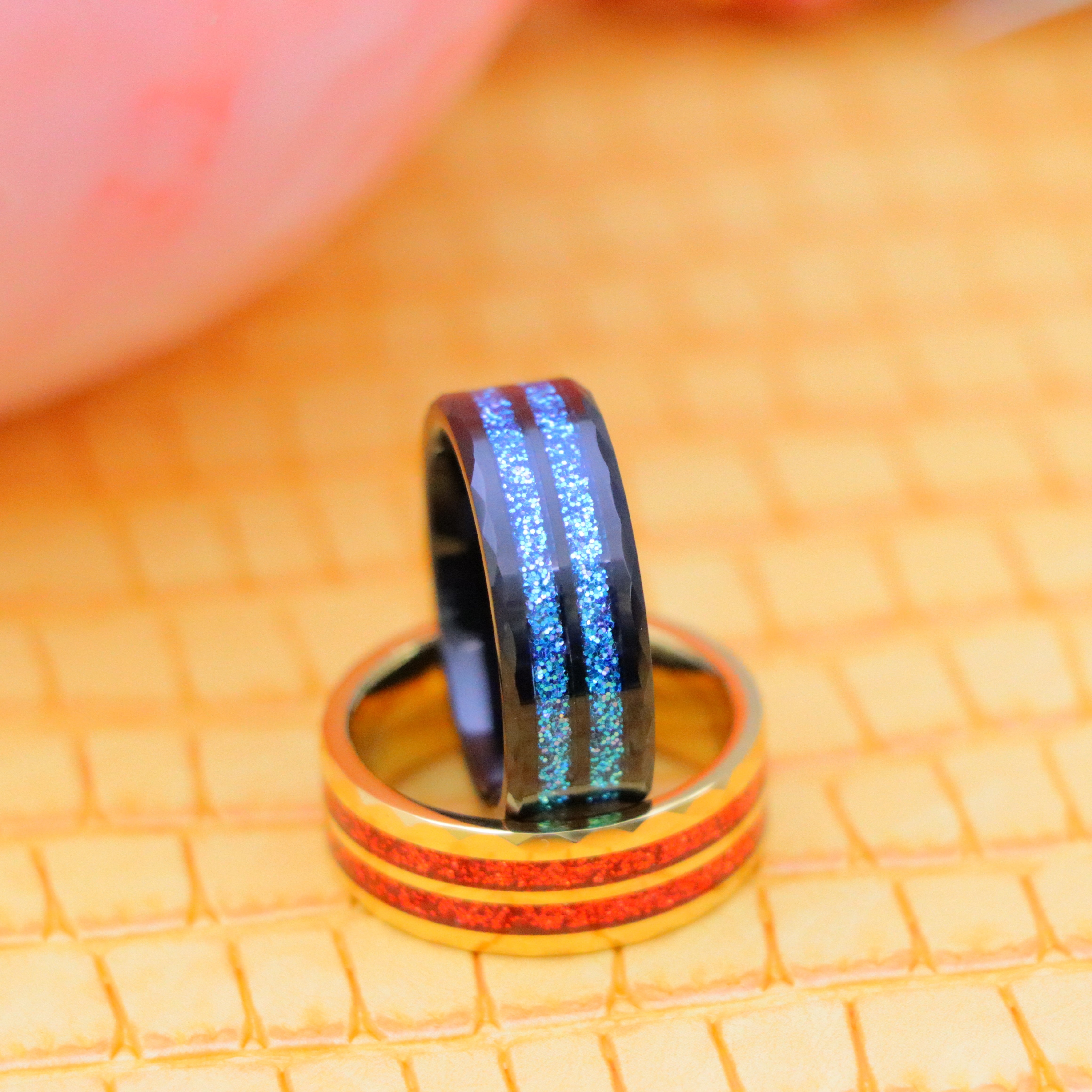 8mm Black IP Plated ring with blue glitter inlay on 8mm Yellow IP Plated ring with Red Glitter Inlay men's tungsten ring - product view