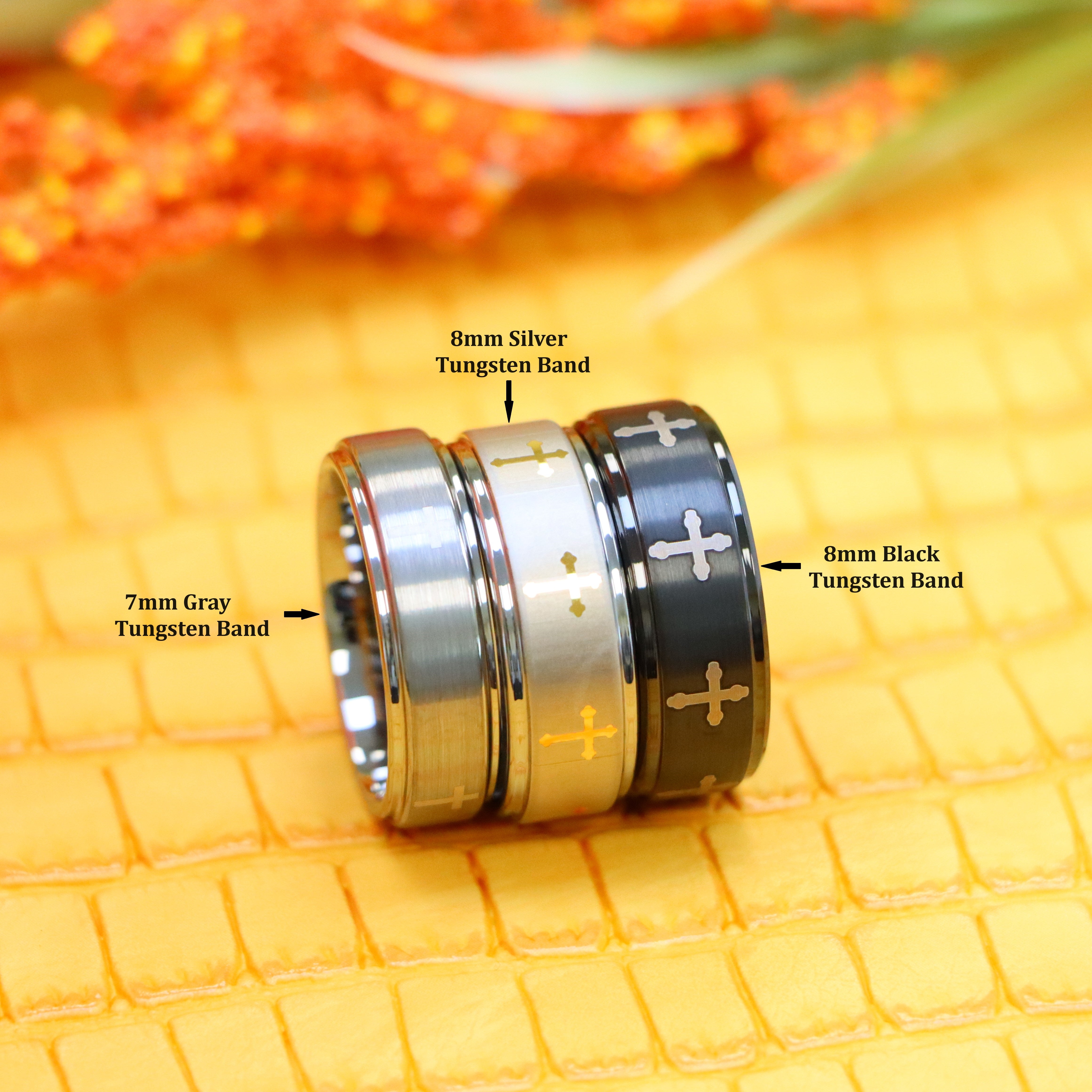 Flat Brushed Center Laser Engraved Crosses Tungsten Ring - Labhu USA