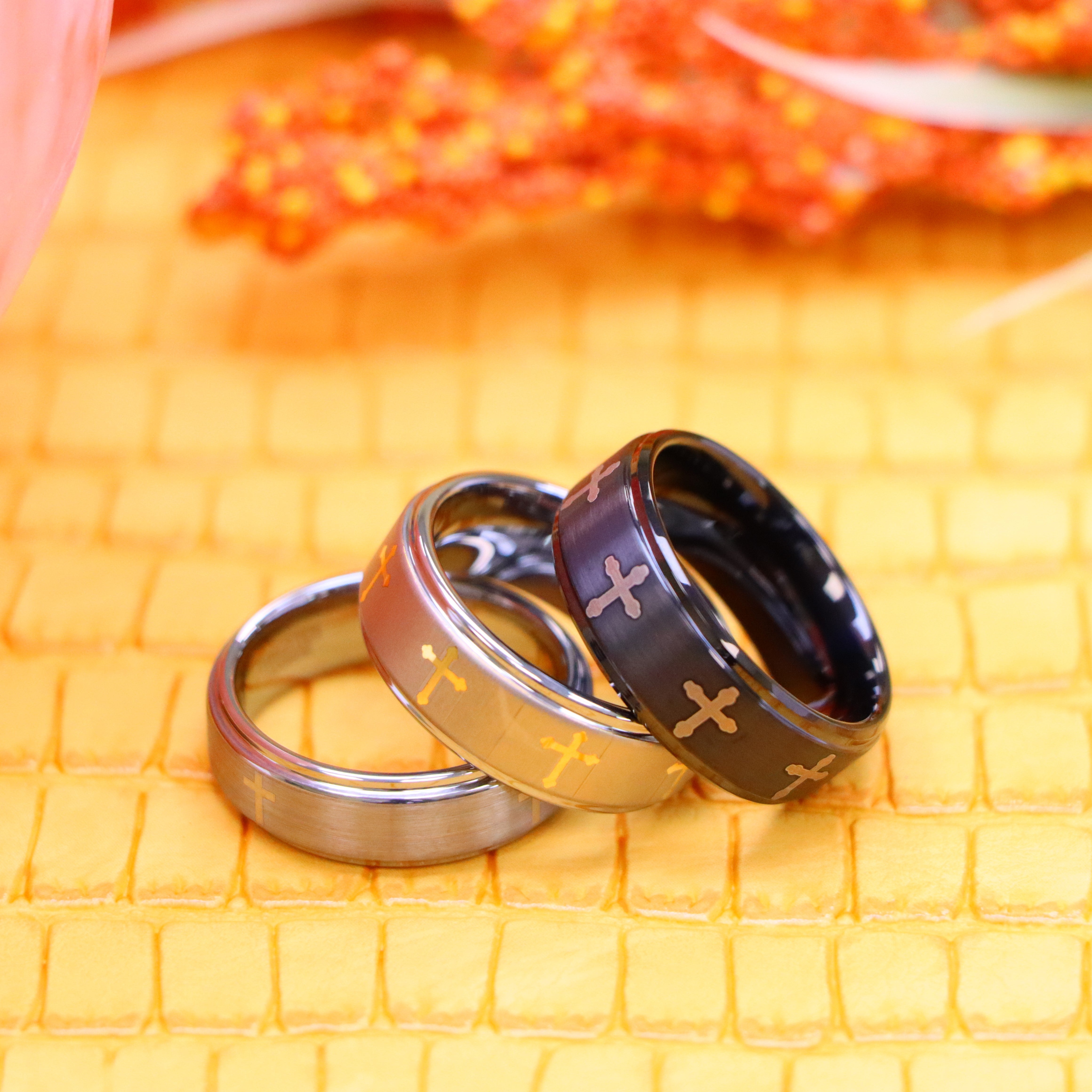 Flat Brushed Center Laser Engraved Crosses Tungsten Ring - Labhu USA