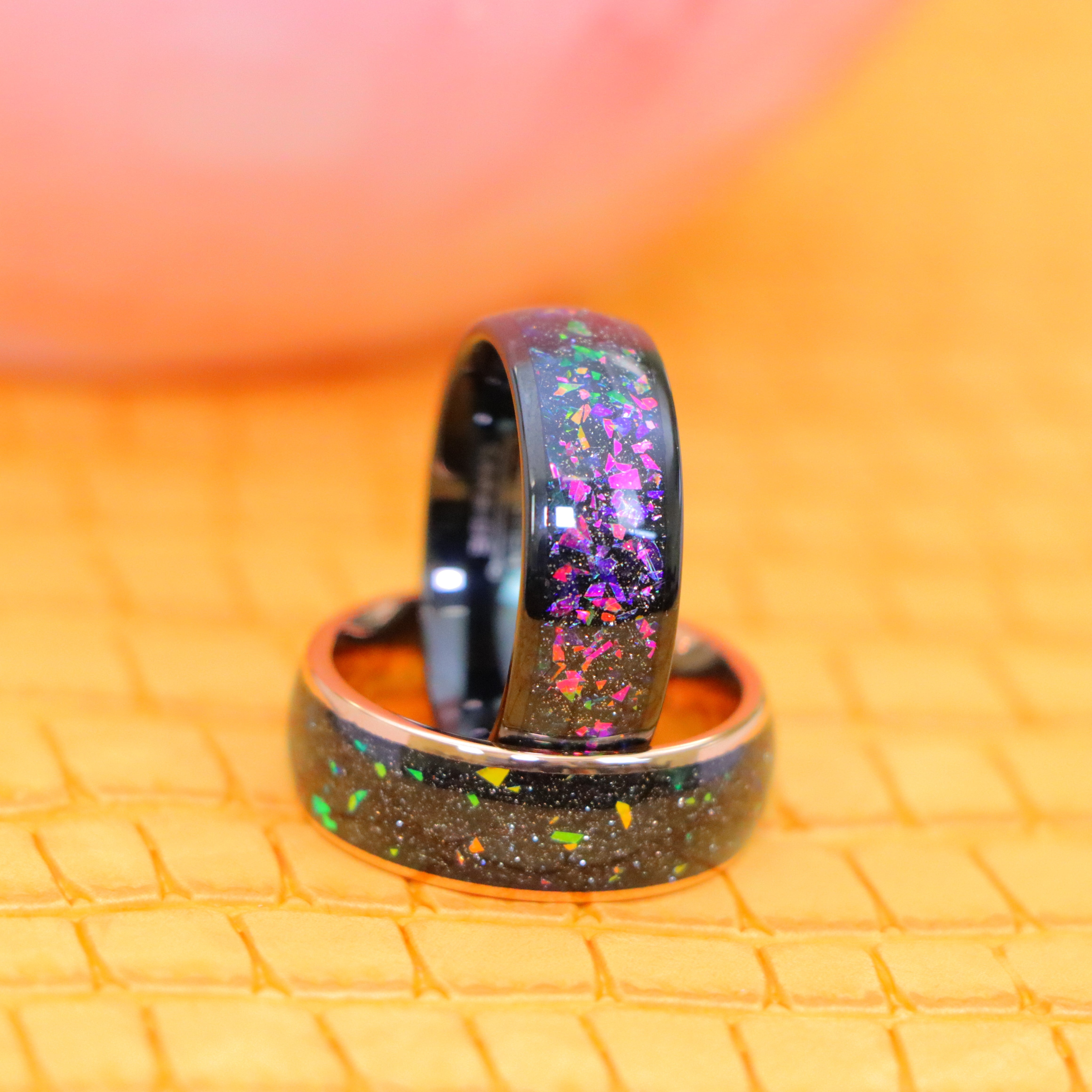 Rose Gold Domed with Synthetic Opal & Abalone Fragments Inlay Tungsten Ring on 8mm Black Domed with Synthetic Opal & Abalone Fragments Inlay Tungsten Ring - clear fake opal tungsten ring product view