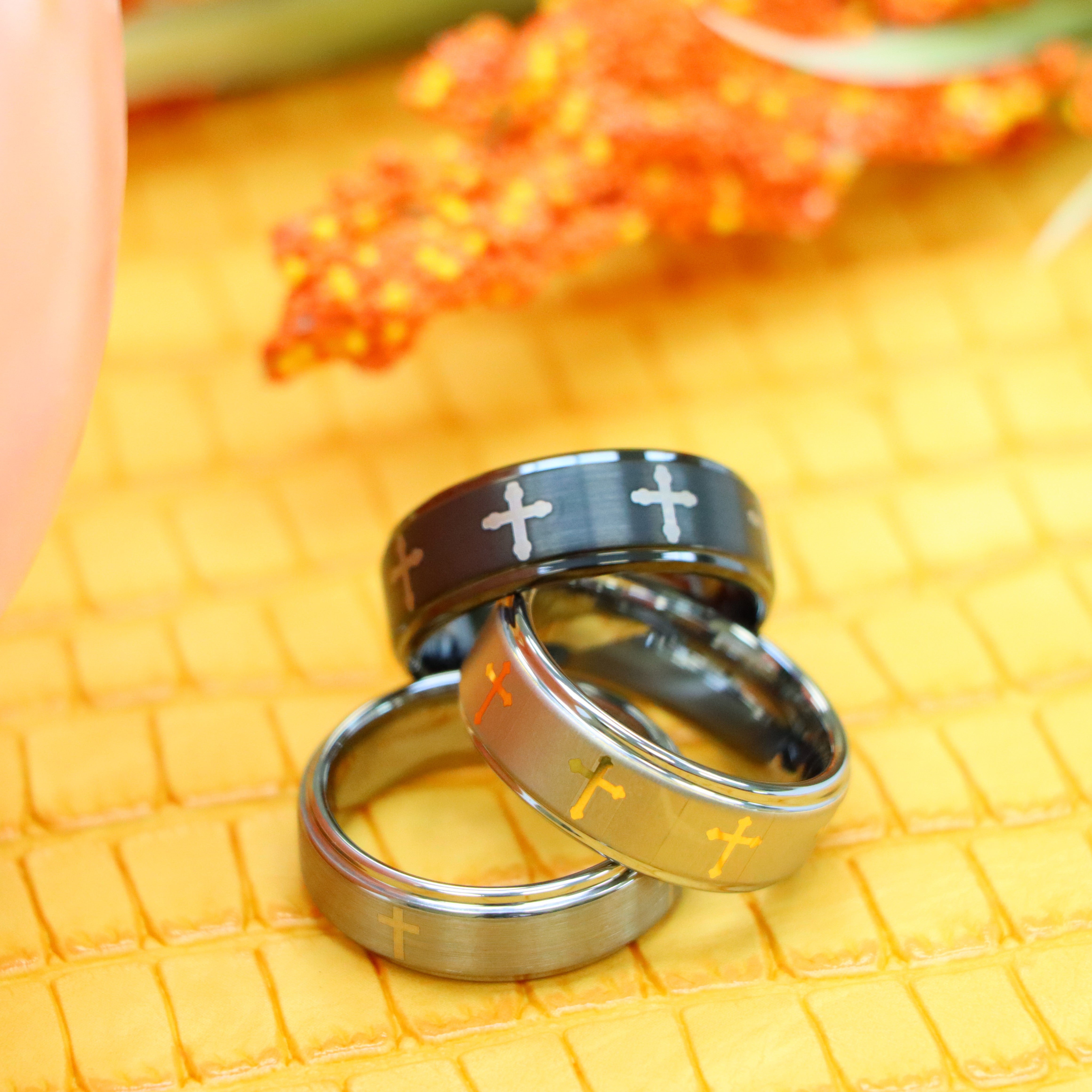 Flat Brushed Center Laser Engraved Crosses Tungsten Ring - Labhu USA