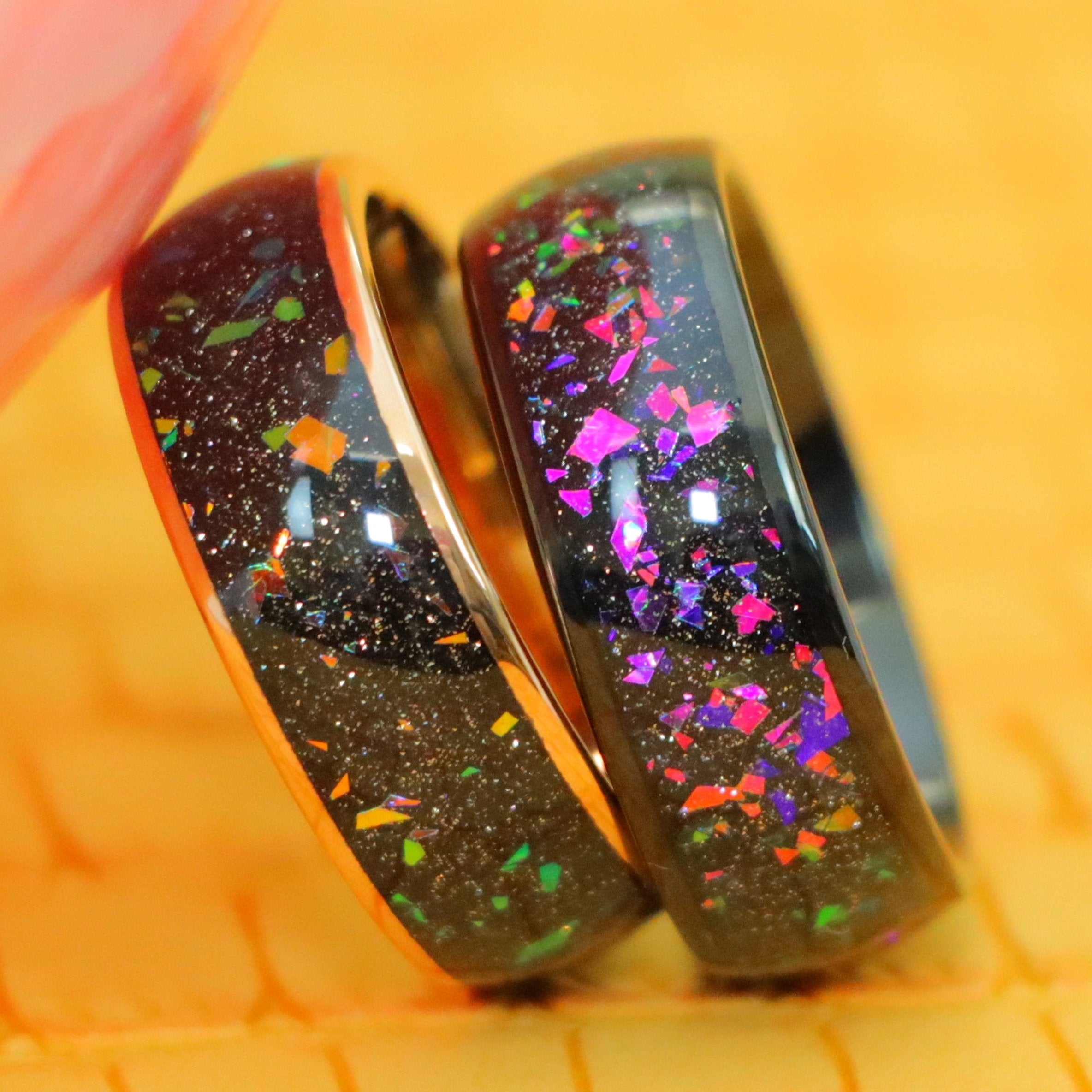 8mm Black Domed with Synthetic Opal & Abalone Fragments Inlay Tungsten Ring and Rose Gold Domed with Synthetic Opal & Abalone Fragments Inlay Tungsten Ring - clear fake opal tungsten ring product view