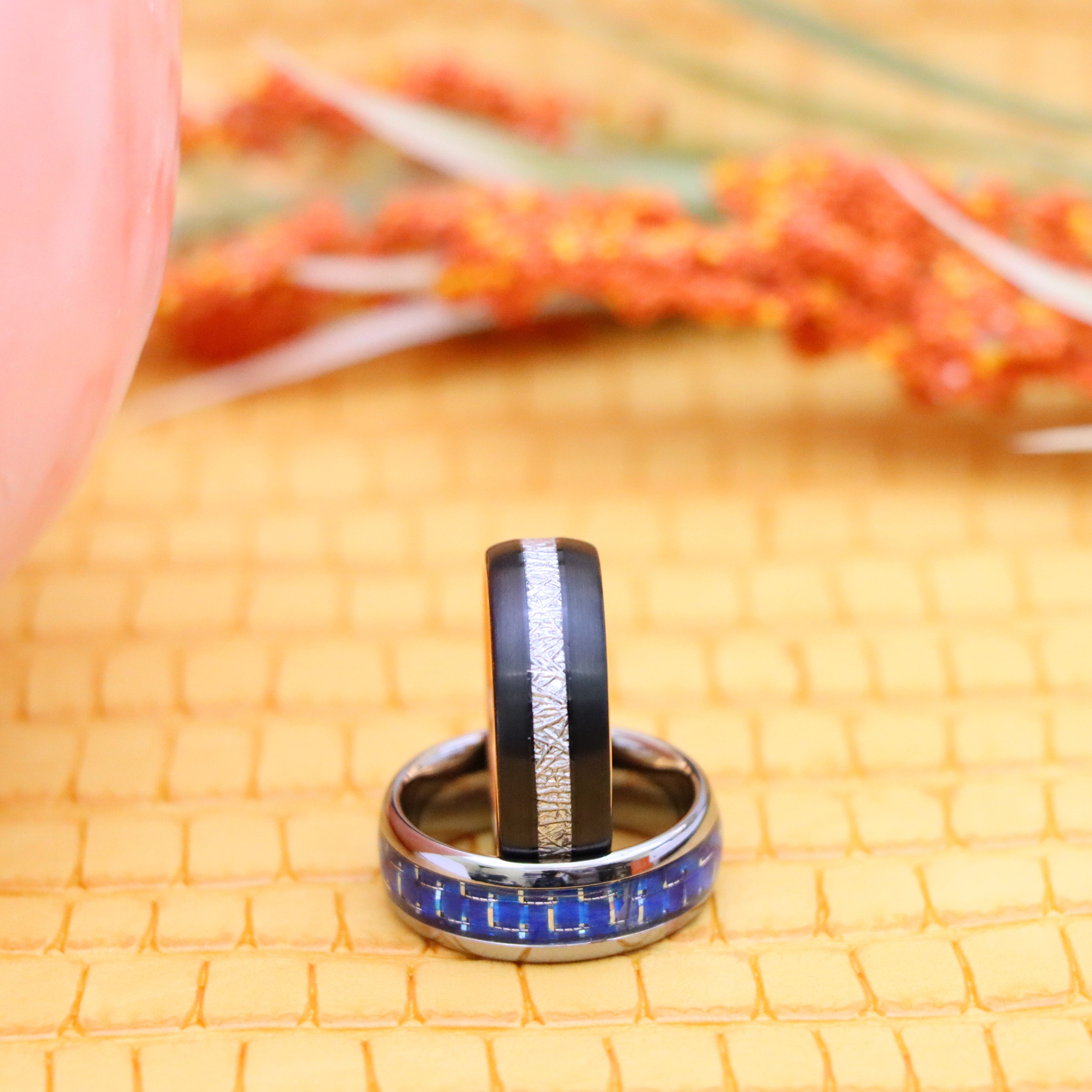 8mm High Polish Blue Carbon Fiber Inlay/Rose Gold IP Plated Inside & Black IP Plated Imitation Meteorite Inlay Tungsten Ring - Labhu USA
