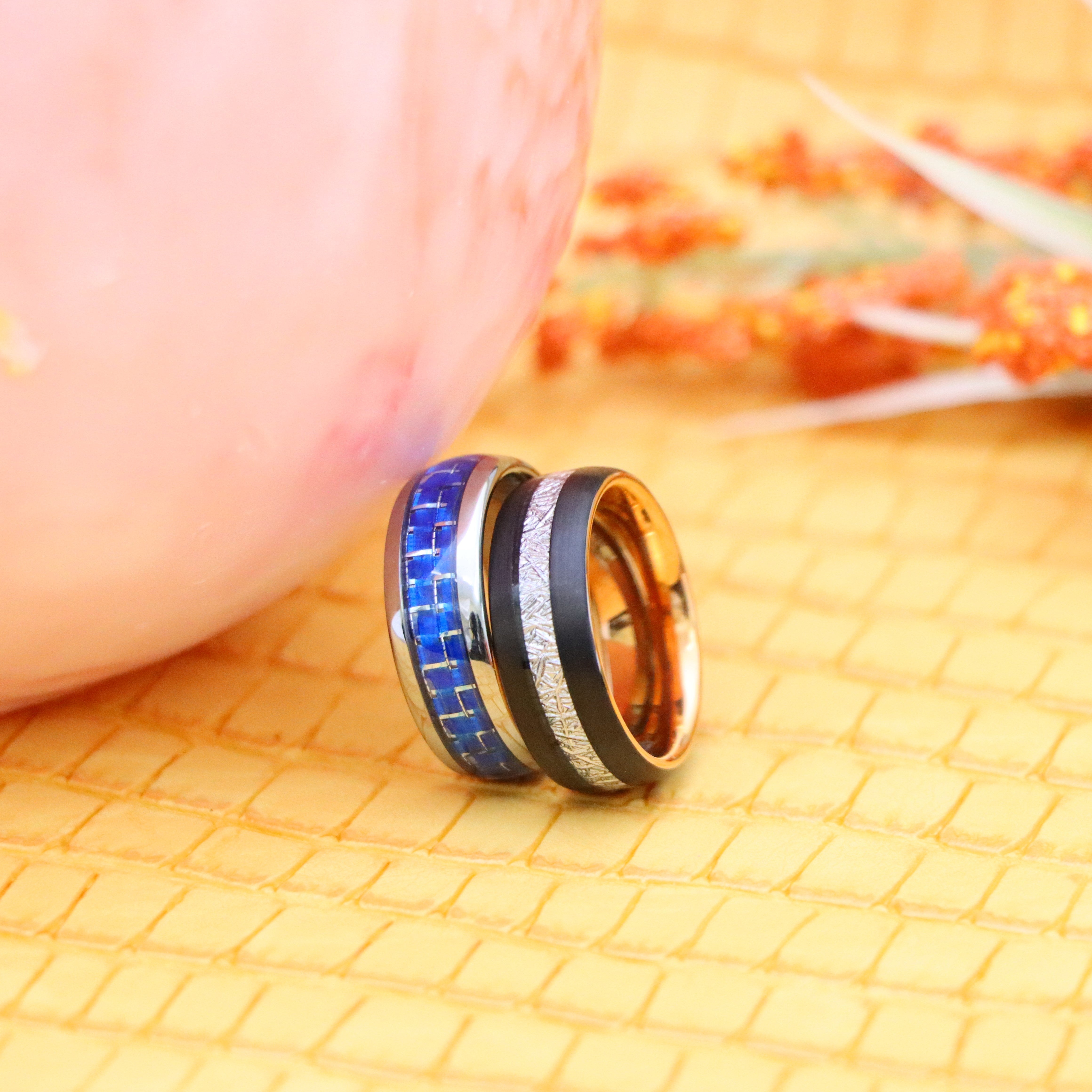 8mm High Polish Blue Carbon Fiber Inlay/Rose Gold IP Plated Inside & Black IP Plated Imitation Meteorite Inlay Tungsten Ring - Labhu USA