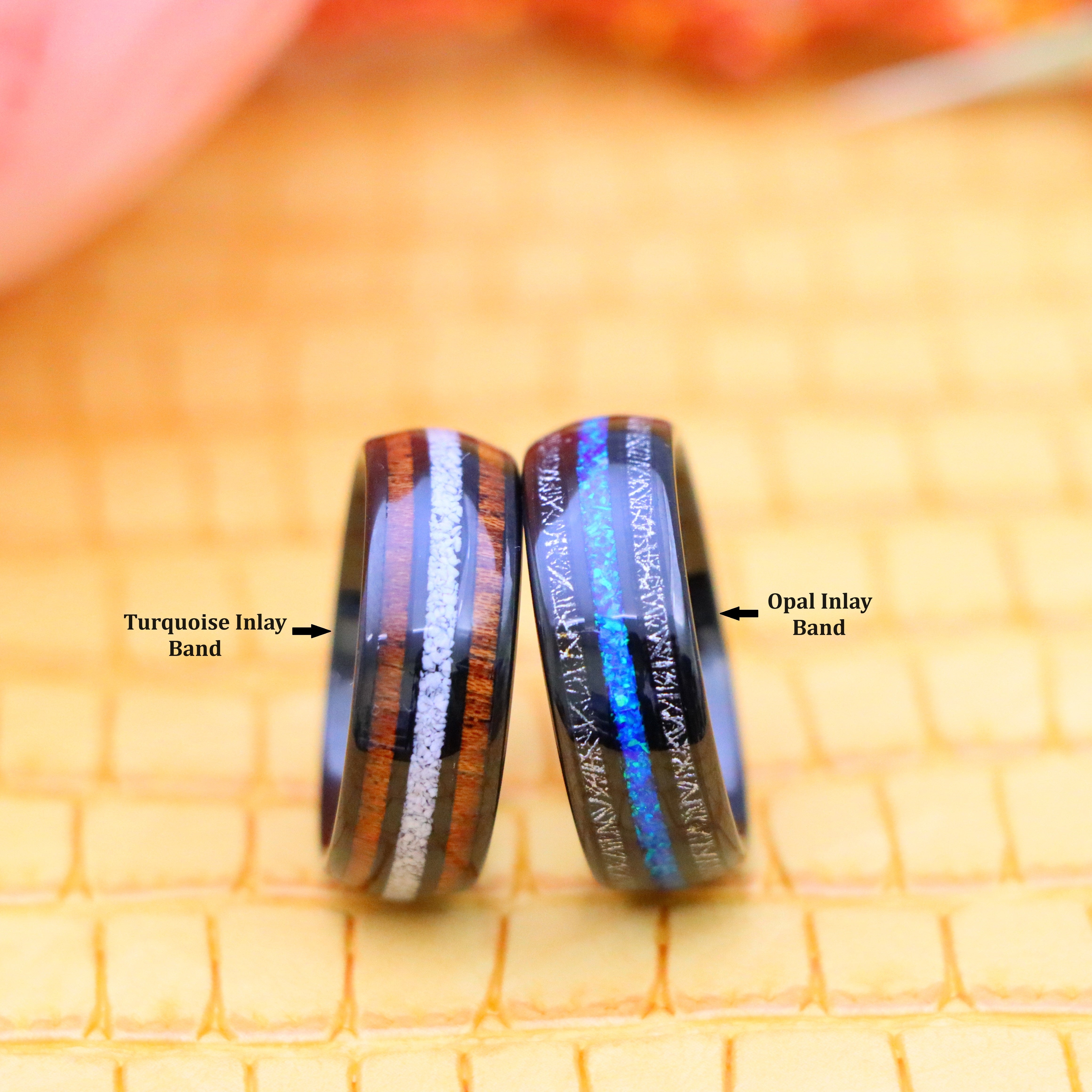 8mm Black IP Plated Koa & Crushed White Turquoise Inlay tungsten ring for pure and wise people and 8mm Black IP Plated Titanium Scraps & fake Opal Inlay Tungsten Ring - clear front view image with tags