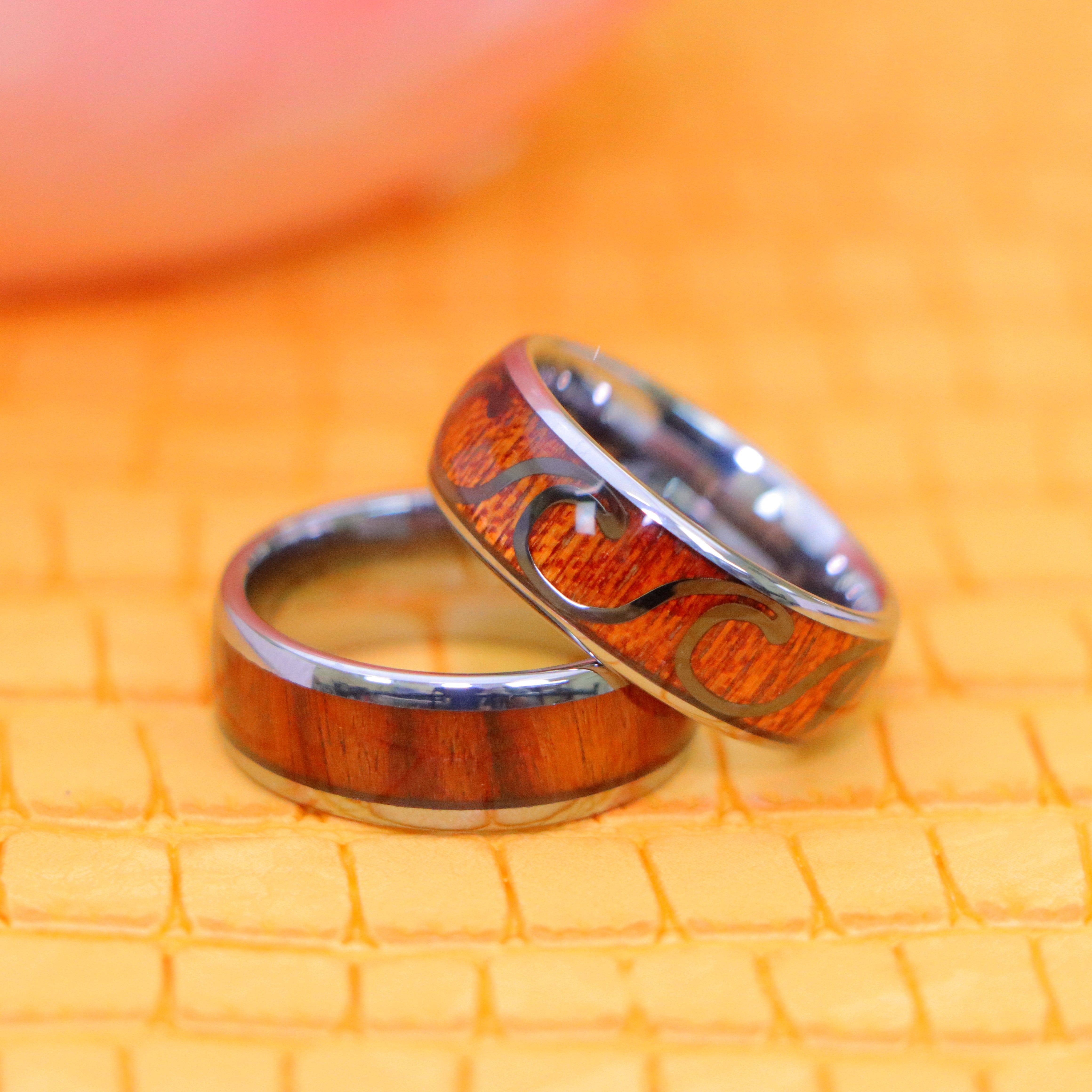8mm High Polished Domed with Rosewood/Hawaiian Koa Wood Inlay Tungsten Ring - Labhu USA