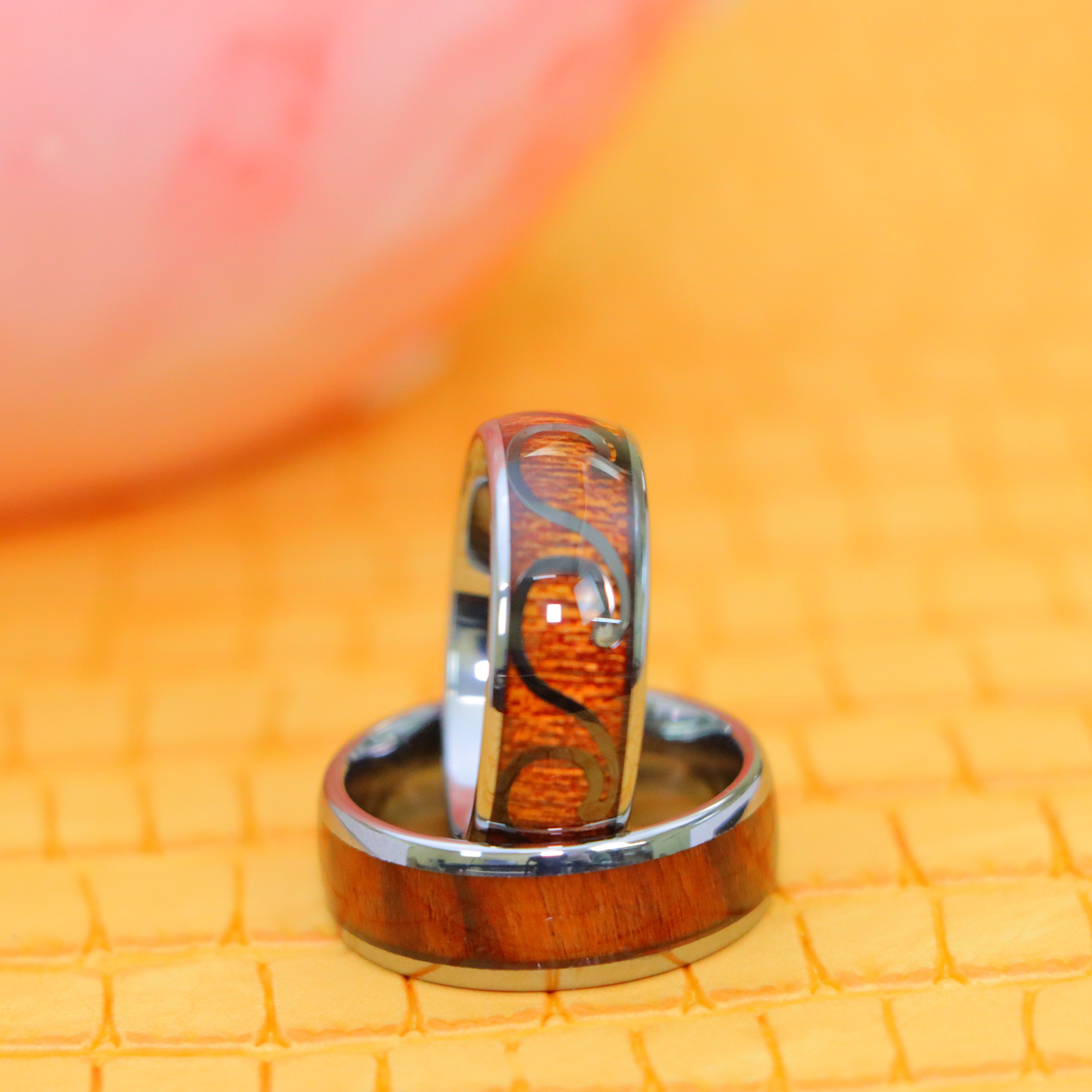 8mm High Polished Domed with Rosewood/Hawaiian Koa Wood Inlay Tungsten Ring - Labhu USA