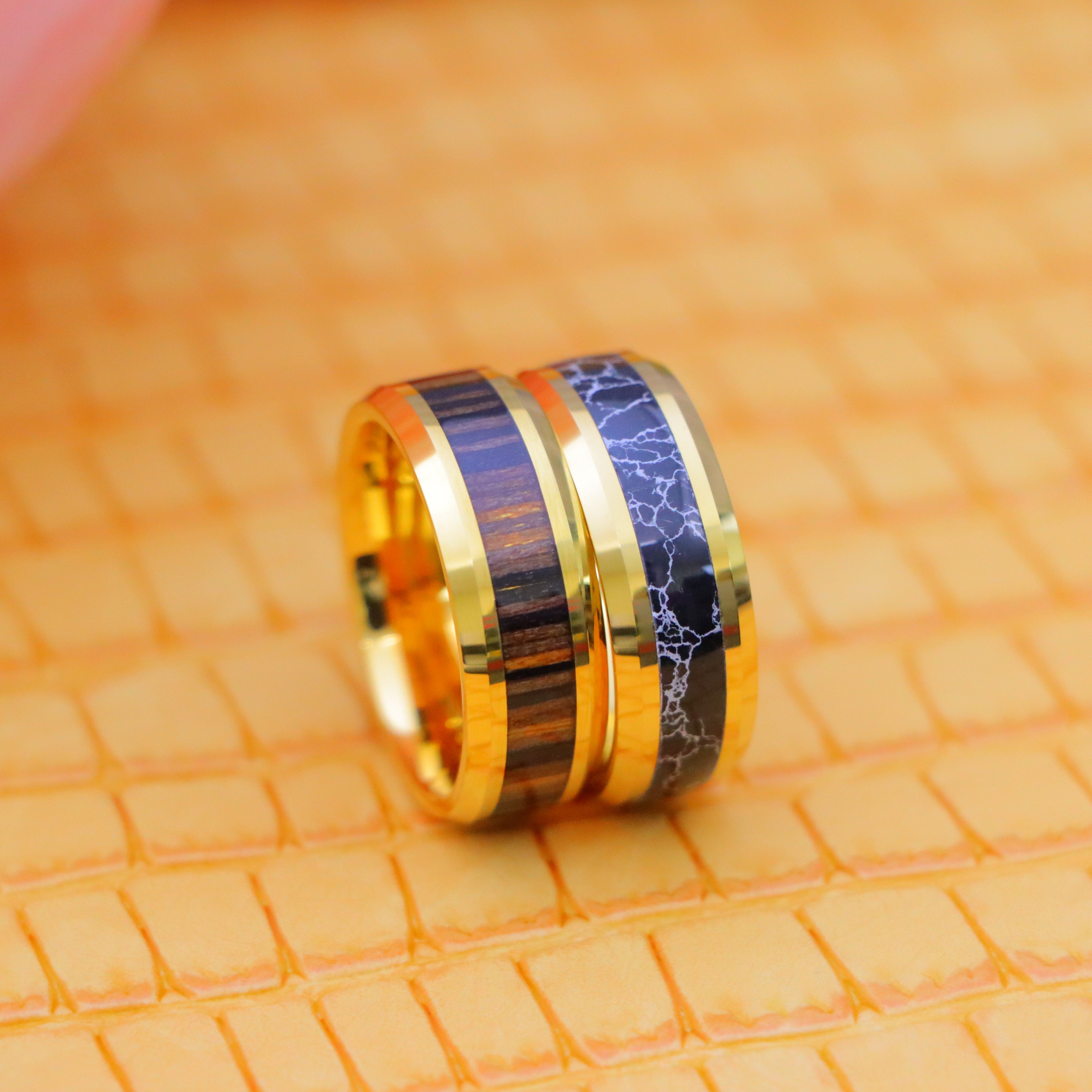 8mm Yellow Gold IP with Synthetic Black Turquoise Inlay/Zebra Wood Inlay Beveled Edge Tungsten Ring - Labhu USA