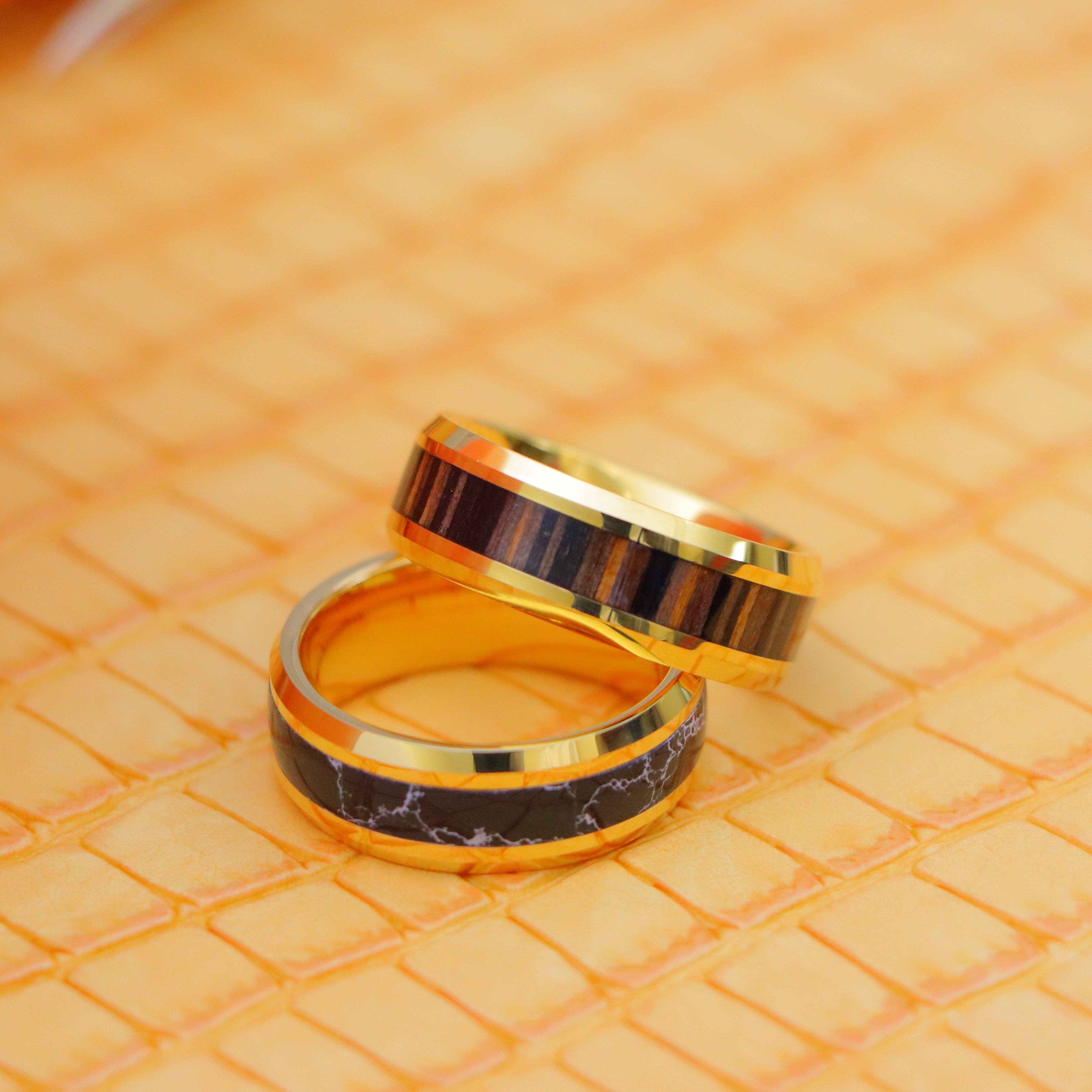 8mm Yellow Gold IP with Synthetic Black Turquoise Inlay/Zebra Wood Inlay Beveled Edge Tungsten Ring - Labhu USA