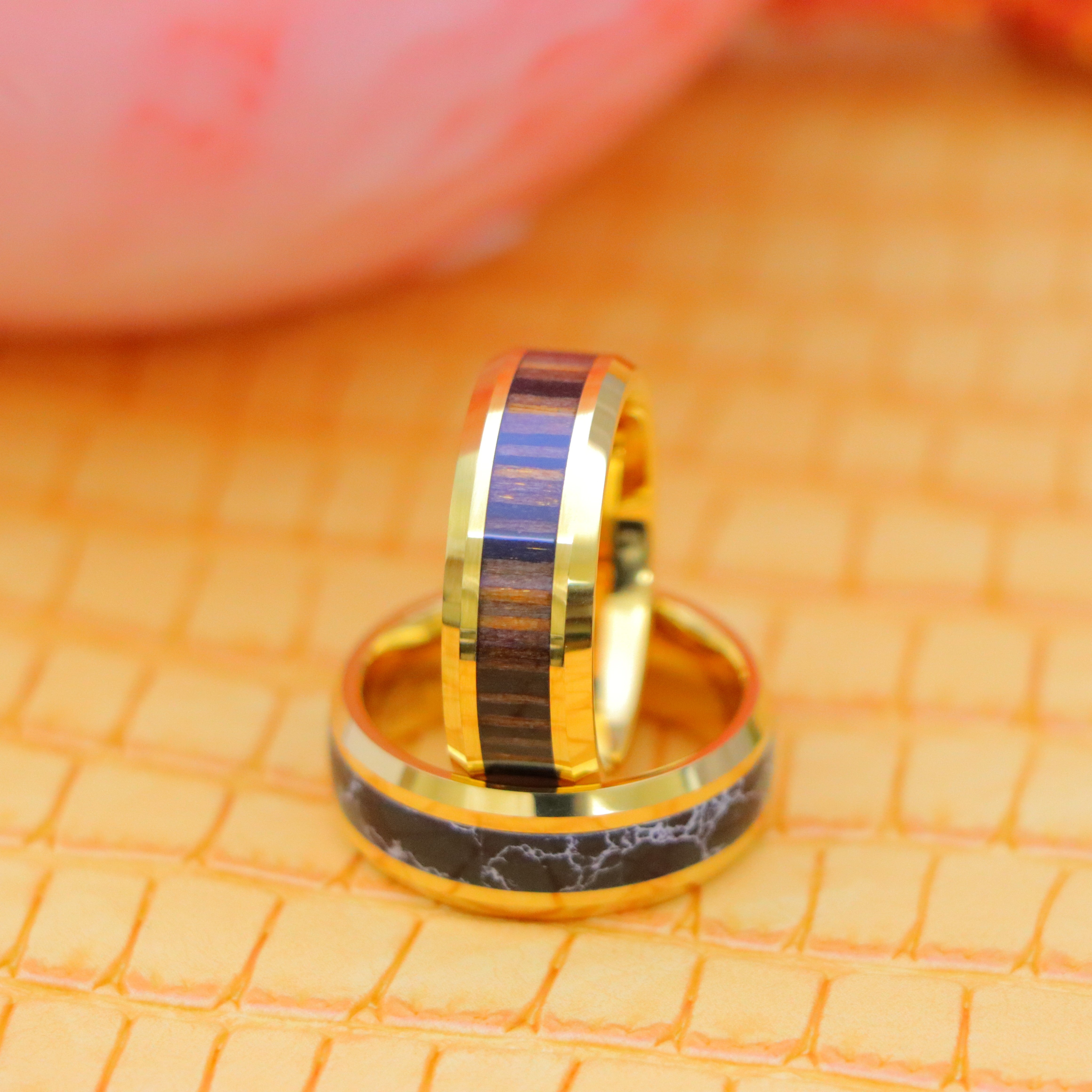 8mm Yellow Gold IP with Synthetic Black Turquoise Inlay/Zebra Wood Inlay Beveled Edge Tungsten Ring - Labhu USA