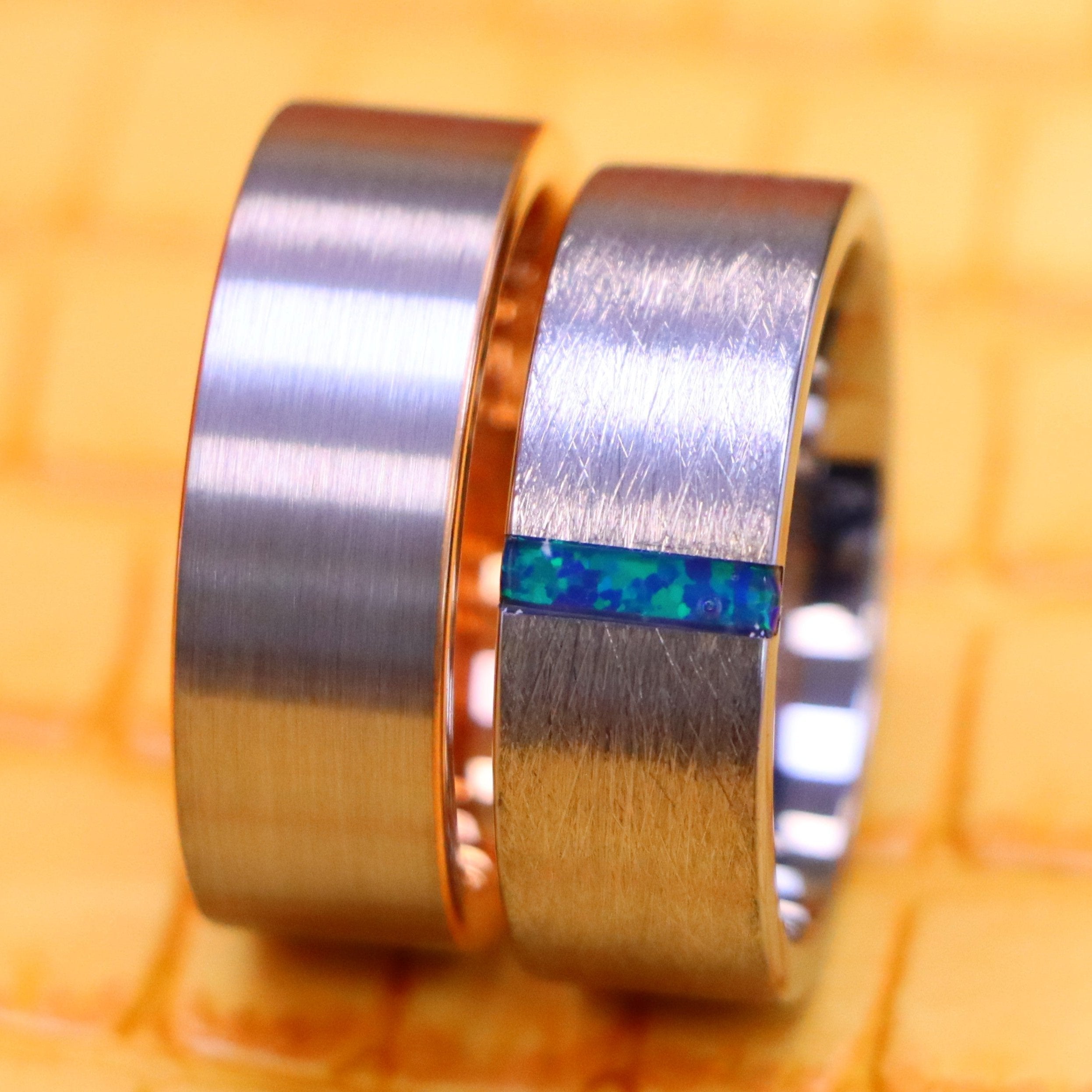 8mm Ice Finish Center with Synthetic Lime Green Opal Bar Inlay Tungsten Ring Pipe-Cut Rose Gold IP Plated Inside & White Plated Brushed Center Tungsten Ring - Labhu USA