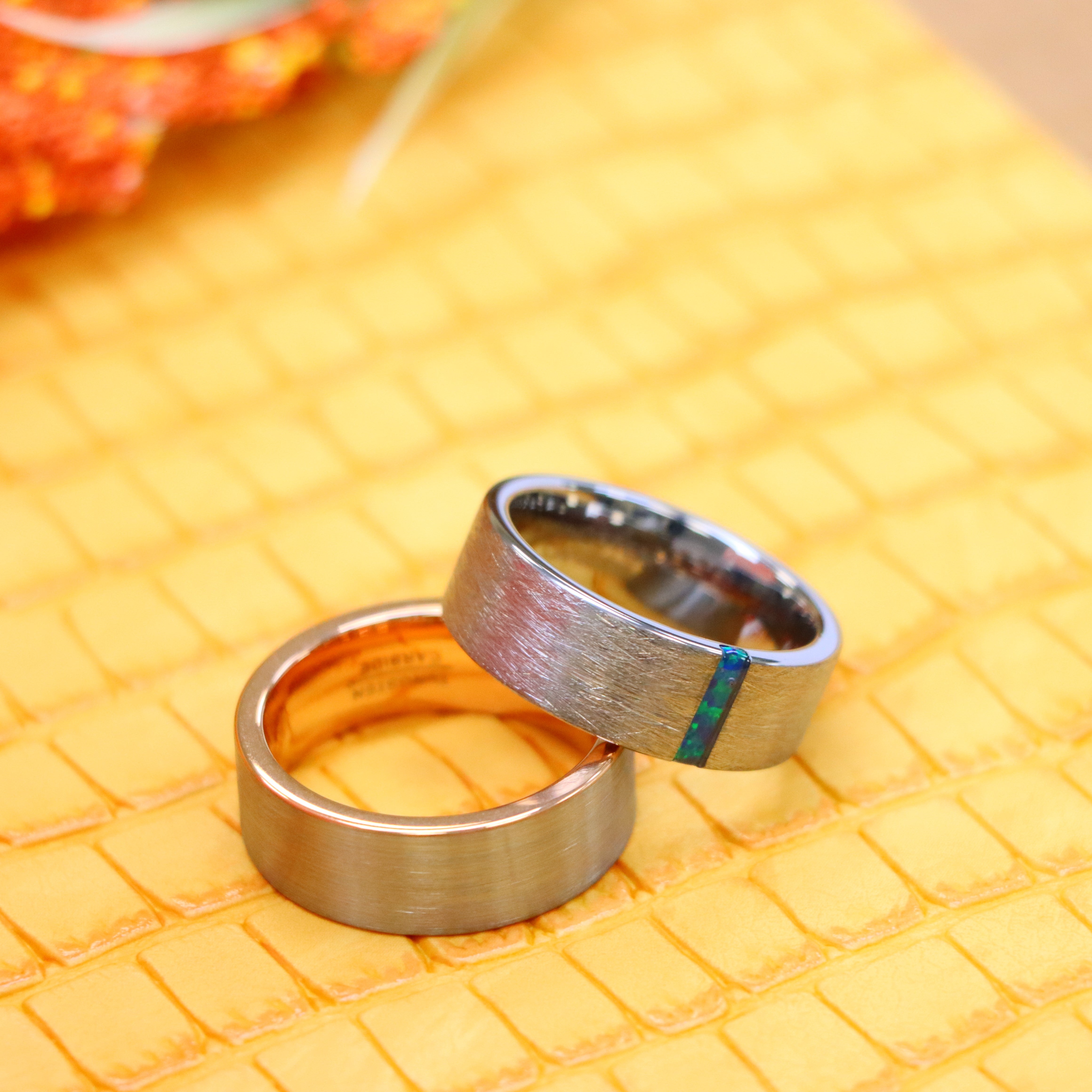 8mm Ice Finish Center with Synthetic Lime Green Opal Bar Inlay Tungsten Ring Pipe-Cut Rose Gold IP Plated Inside & White Plated Brushed Center Tungsten Ring - Labhu USA