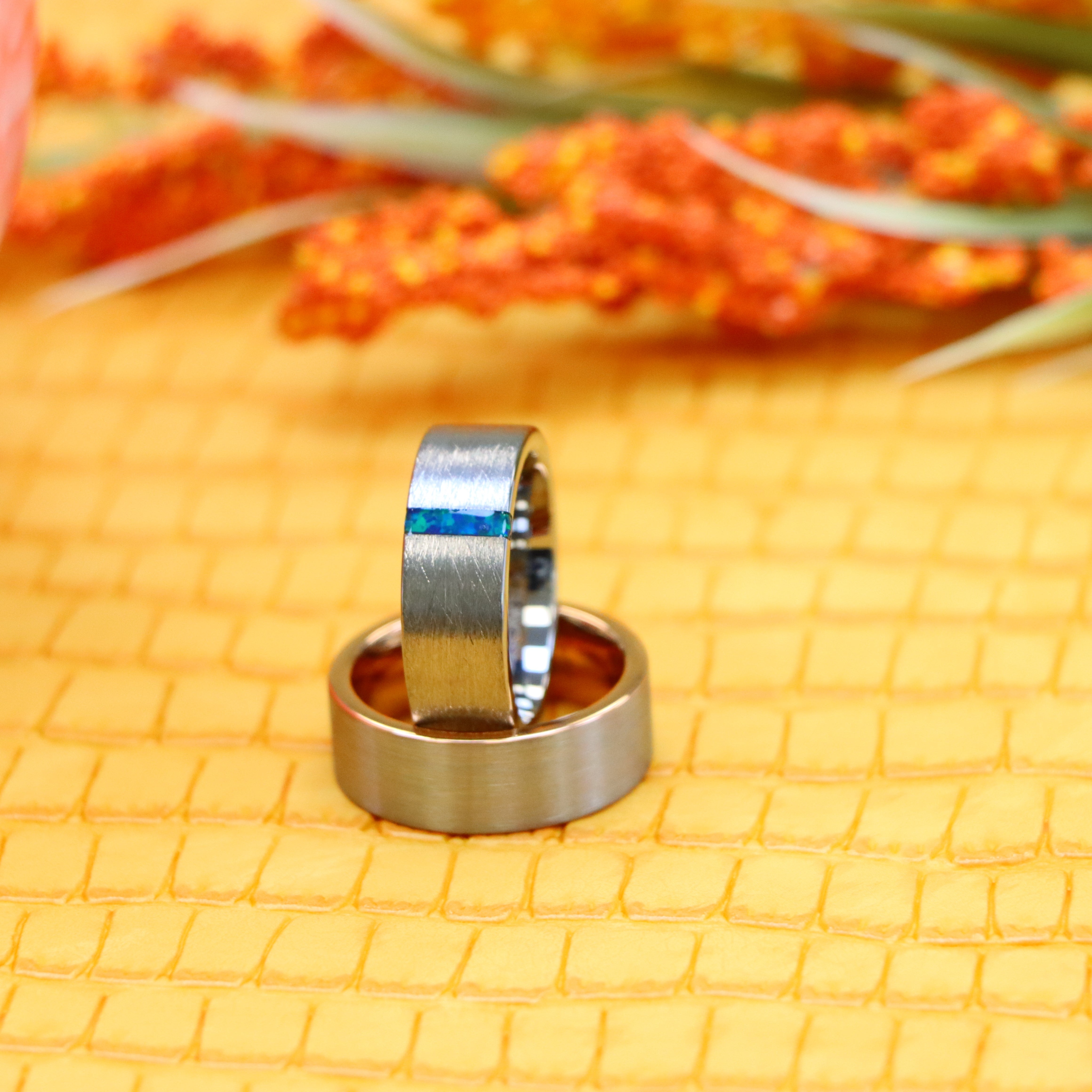8mm Ice Finish Center with Synthetic Lime Green Opal Bar Inlay Tungsten Ring Pipe-Cut Rose Gold IP Plated Inside & White Plated Brushed Center Tungsten Ring - Labhu USA