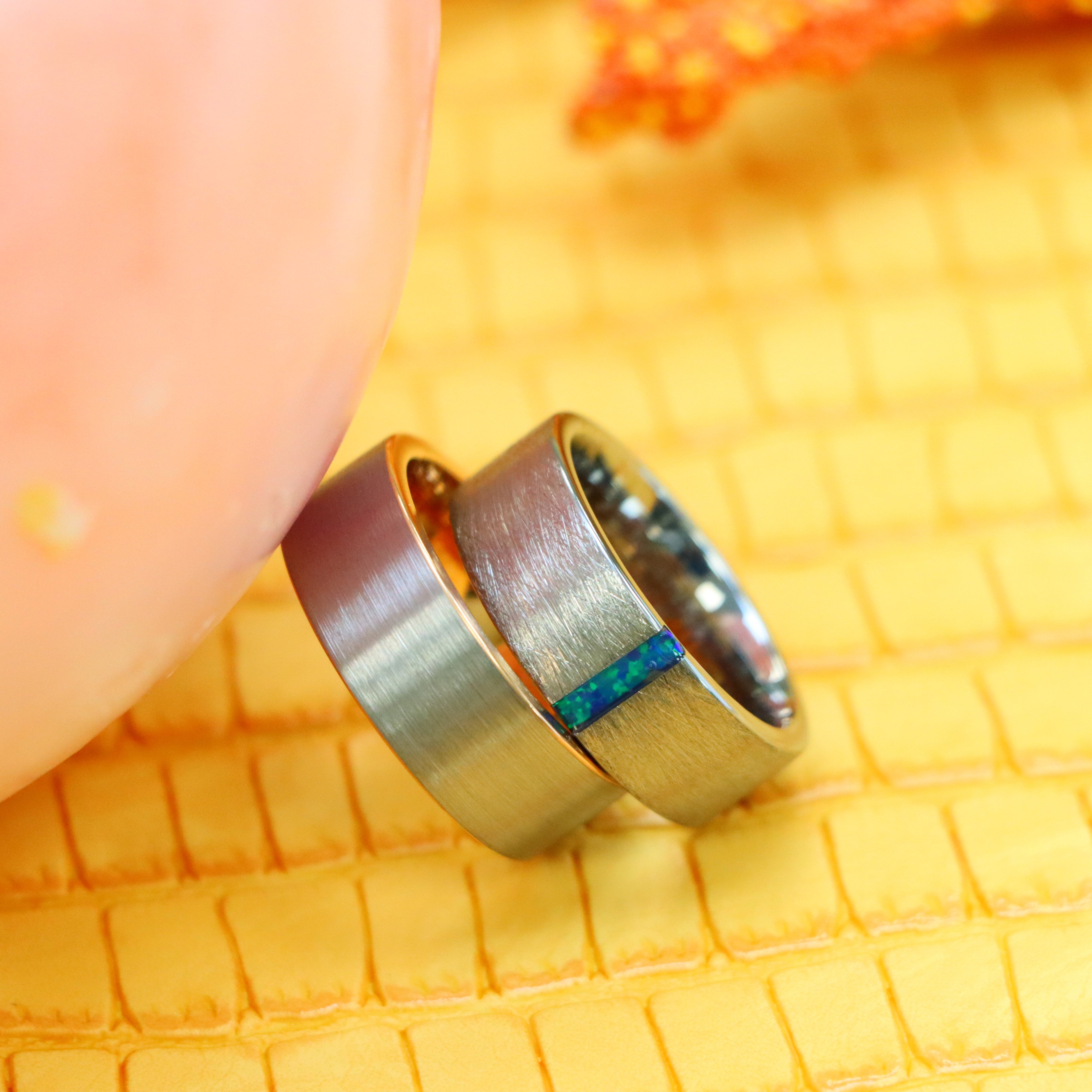 8mm Ice Finish Center with Synthetic Lime Green Opal Bar Inlay Tungsten Ring Pipe-Cut Rose Gold IP Plated Inside & White Plated Brushed Center Tungsten Ring - Labhu USA