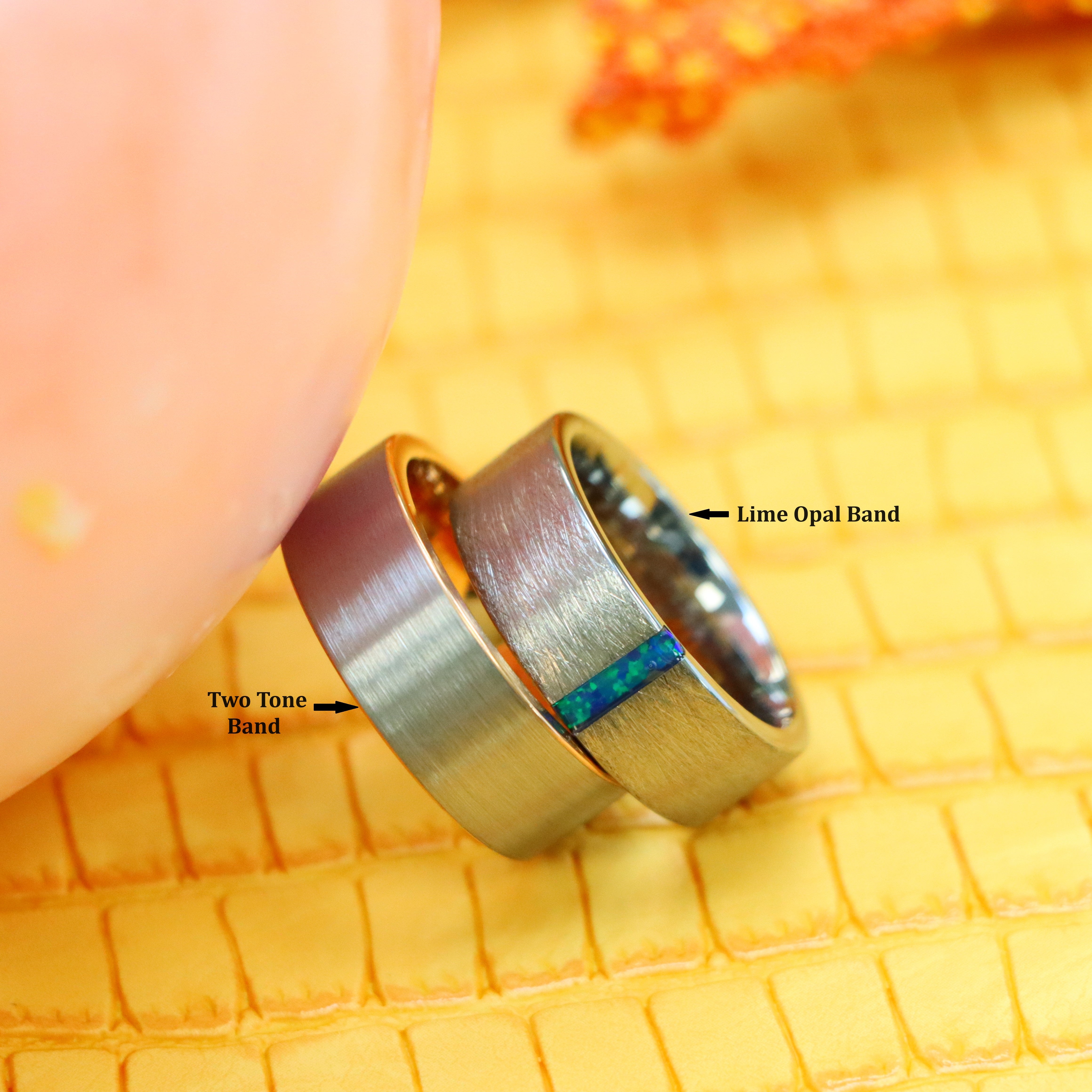 8mm Ice Finish Center with Synthetic Lime Green Opal Bar Inlay Tungsten Ring Pipe-Cut Rose Gold IP Plated Inside & White Plated Brushed Center Tungsten Ring - Labhu USA