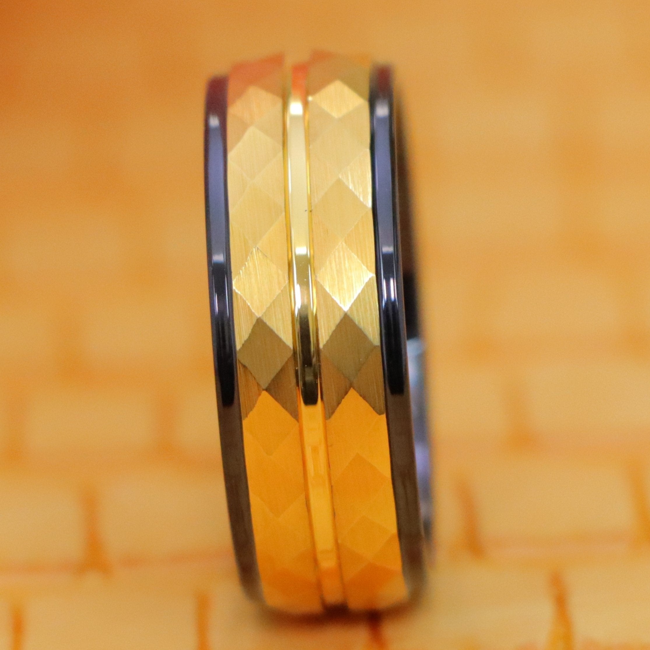 8mm Two-Tone Black IP Inside & Yellow Gold IP Hammered Finish Tungsten Ring - Labhu USA