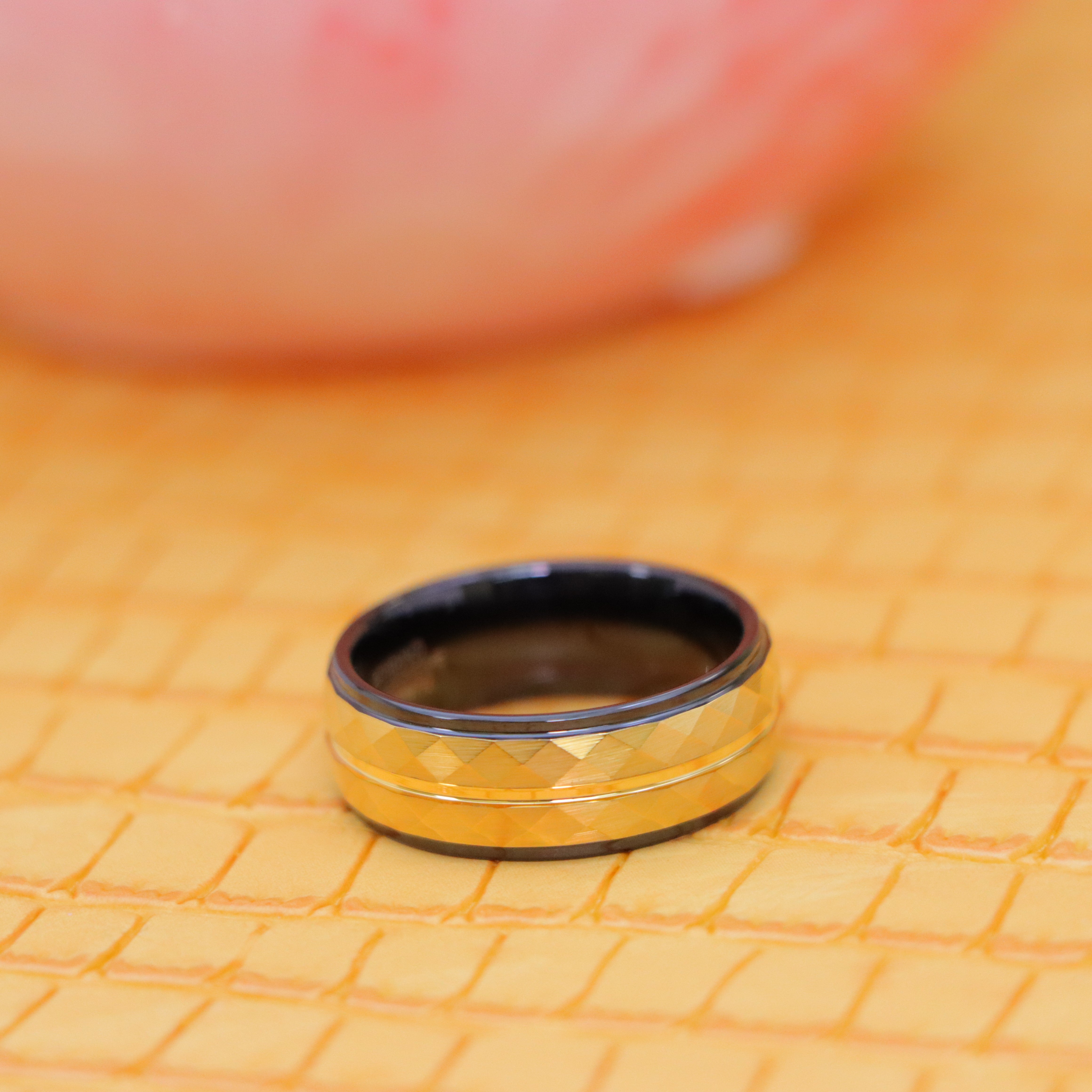 8mm Two-Tone Black IP Inside & Yellow Gold IP Hammered Finish Tungsten Ring - Labhu USA
