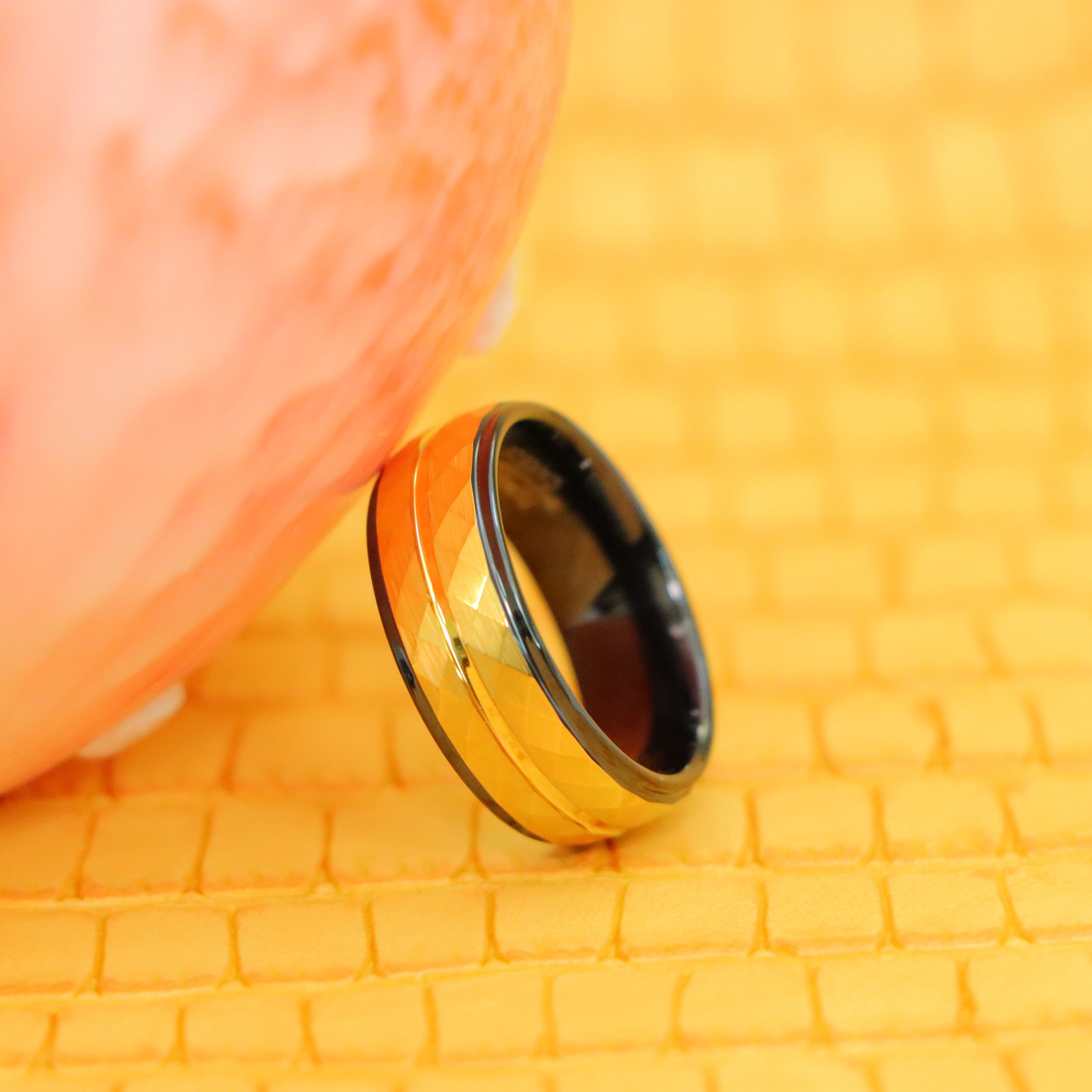 8mm Two-Tone Black IP Inside & Yellow Gold IP Hammered Finish Tungsten Ring - Labhu USA