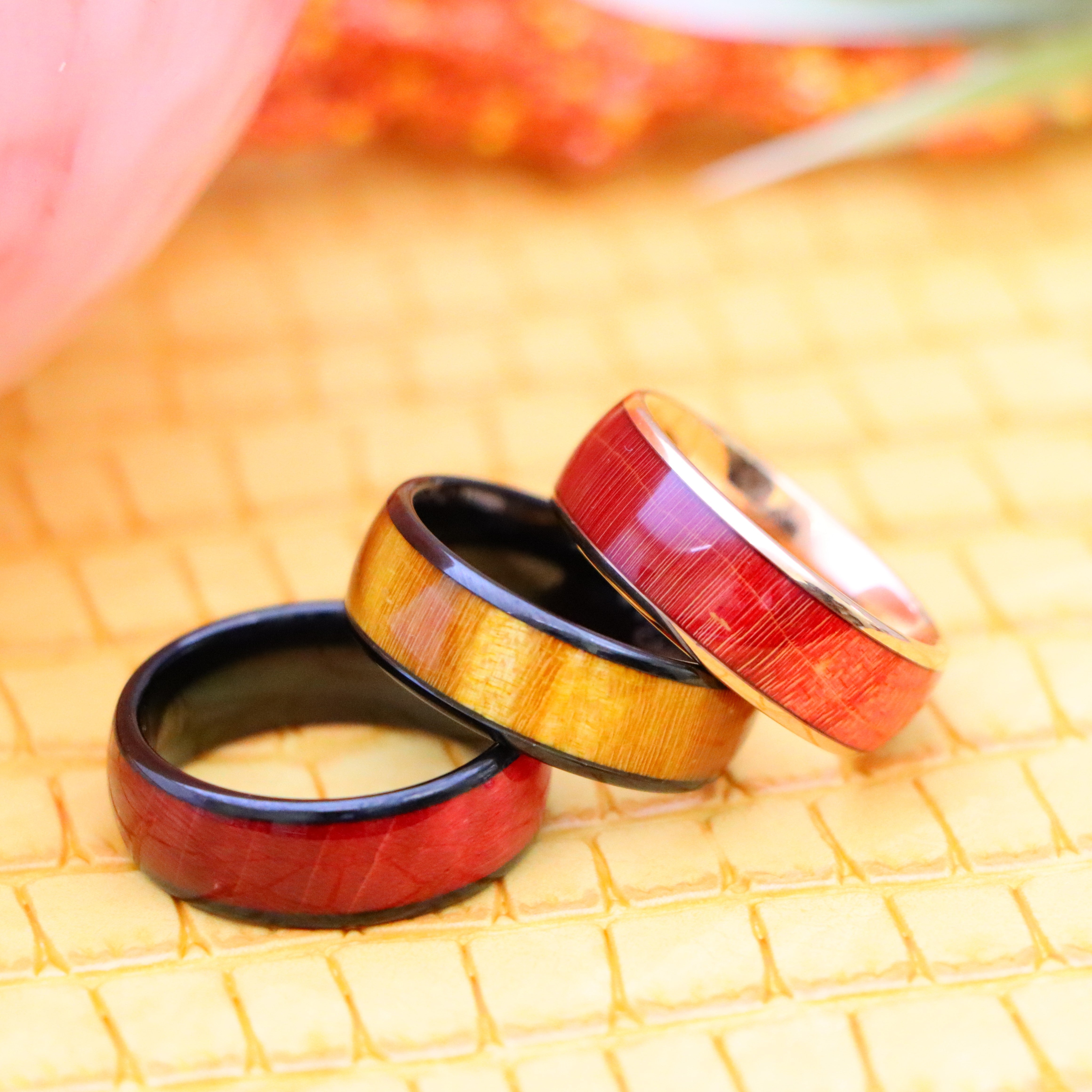 8mm Rose Gold IP Plated/Black IP Plated Stabilized Burl Wood Inlay / Dyed Salmon Stain/Caramel Fawn Stain Solidified Wood Tungsten Ring - Labhu USA