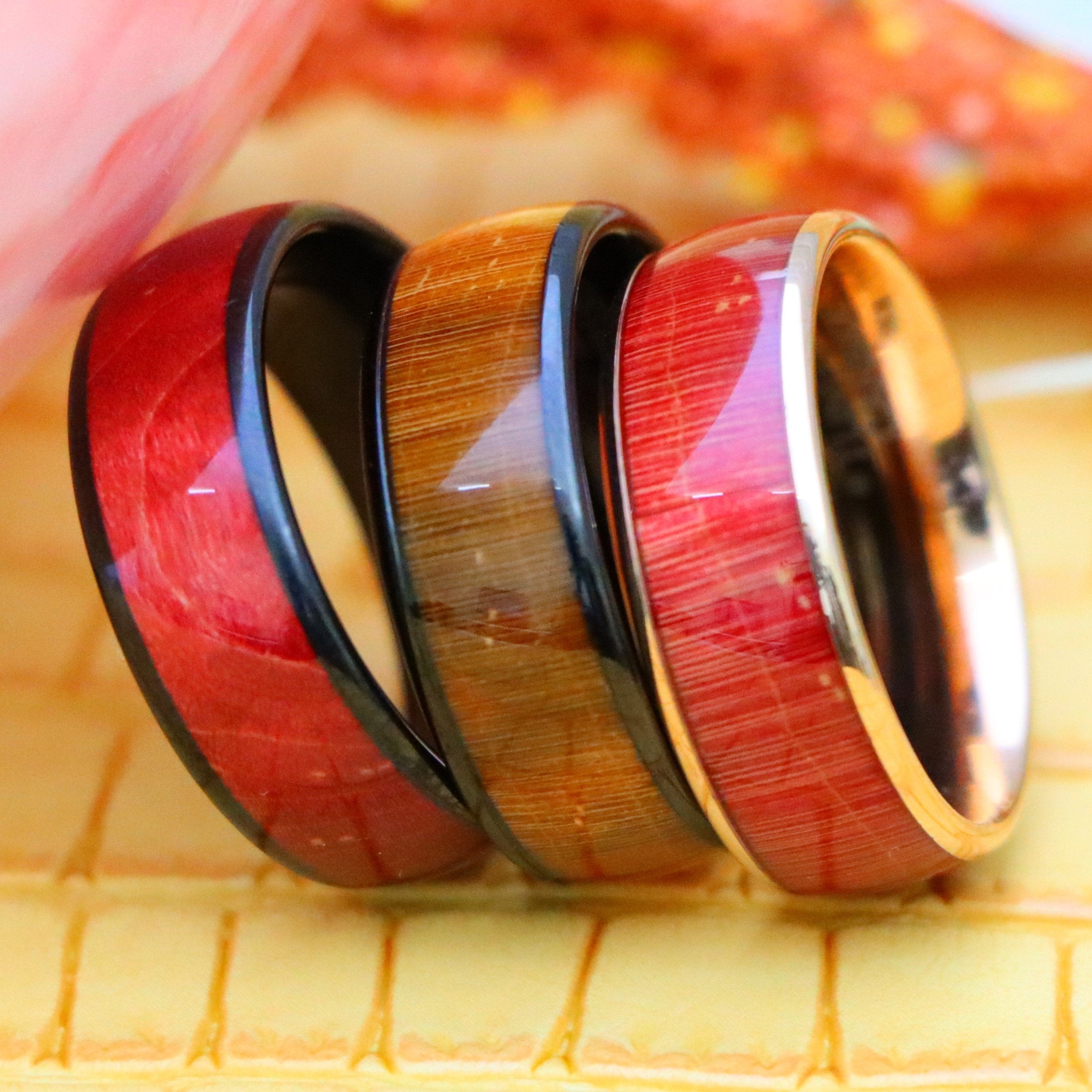 8mm Rose Gold IP Plated/Black IP Plated Stabilized Burl Wood Inlay / Dyed Salmon Stain/Caramel Fawn Stain Solidified Wood Tungsten Ring - Labhu USA