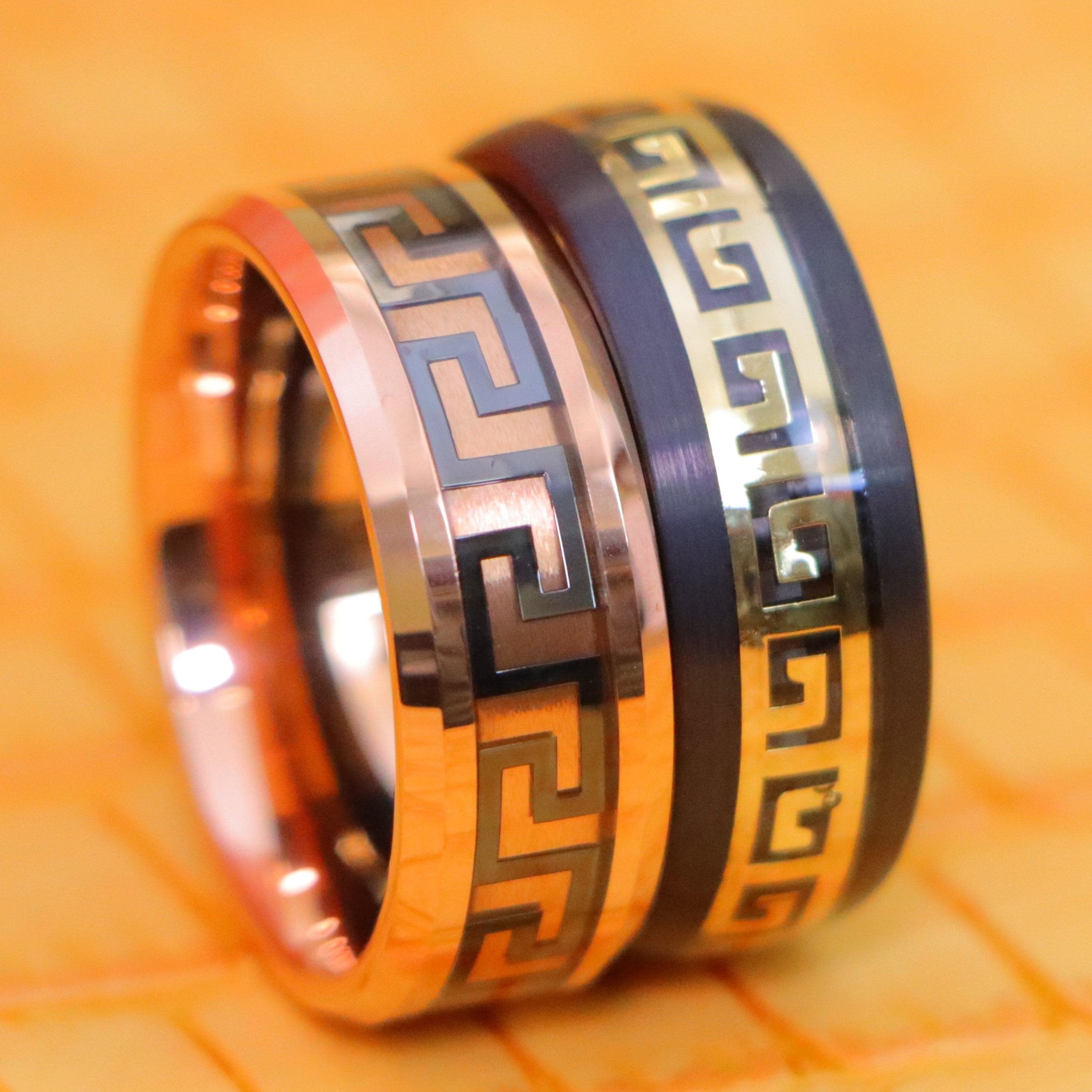 Rose Gold IP/Black IP High Polished Beveled Edge Greek Key Inlay Tungsten Ring - Labhu USA