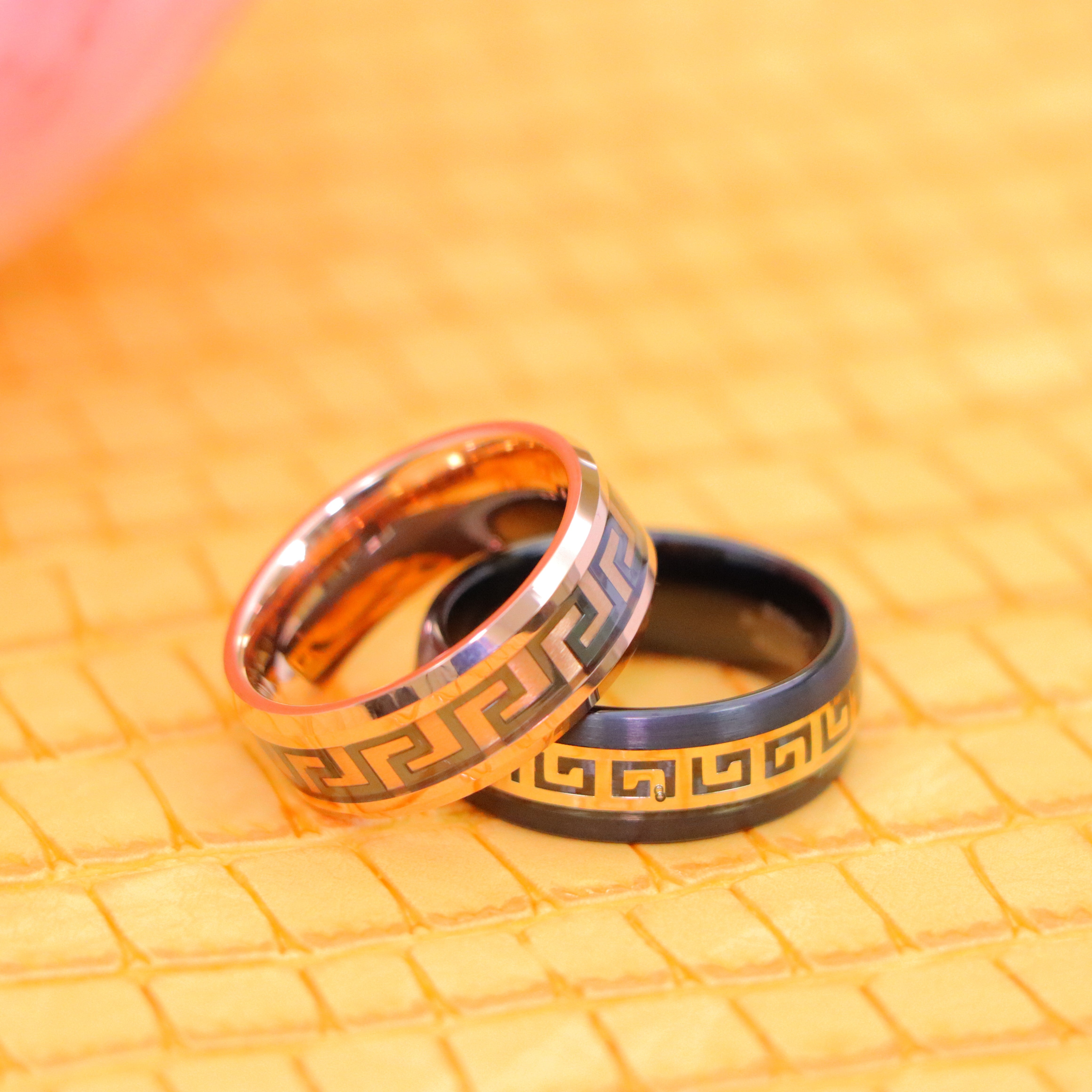 Rose Gold IP/Black IP High Polished Beveled Edge Greek Key Inlay Tungsten Ring - Labhu USA