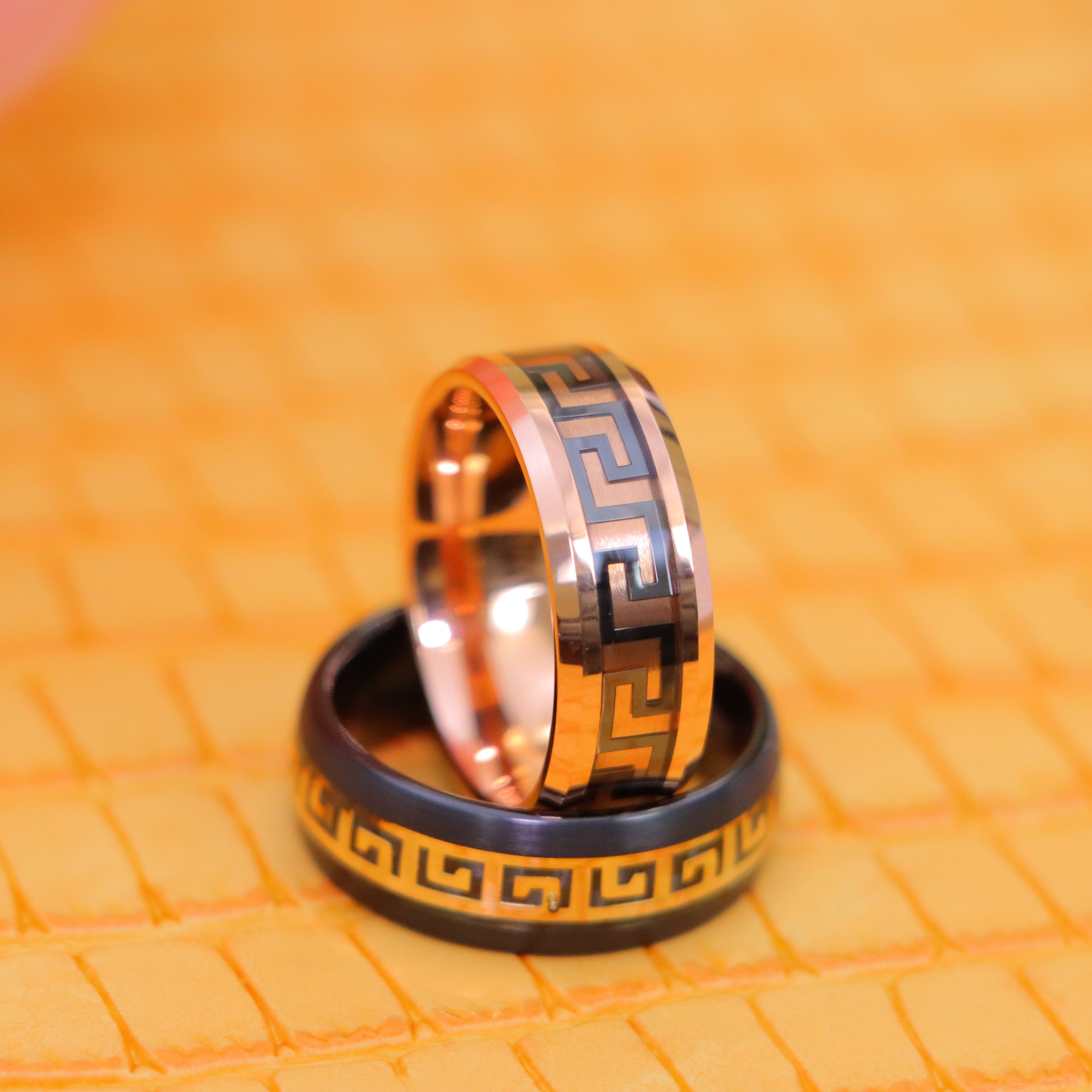 Rose Gold IP/Black IP High Polished Beveled Edge Greek Key Inlay Tungsten Ring - Labhu USA