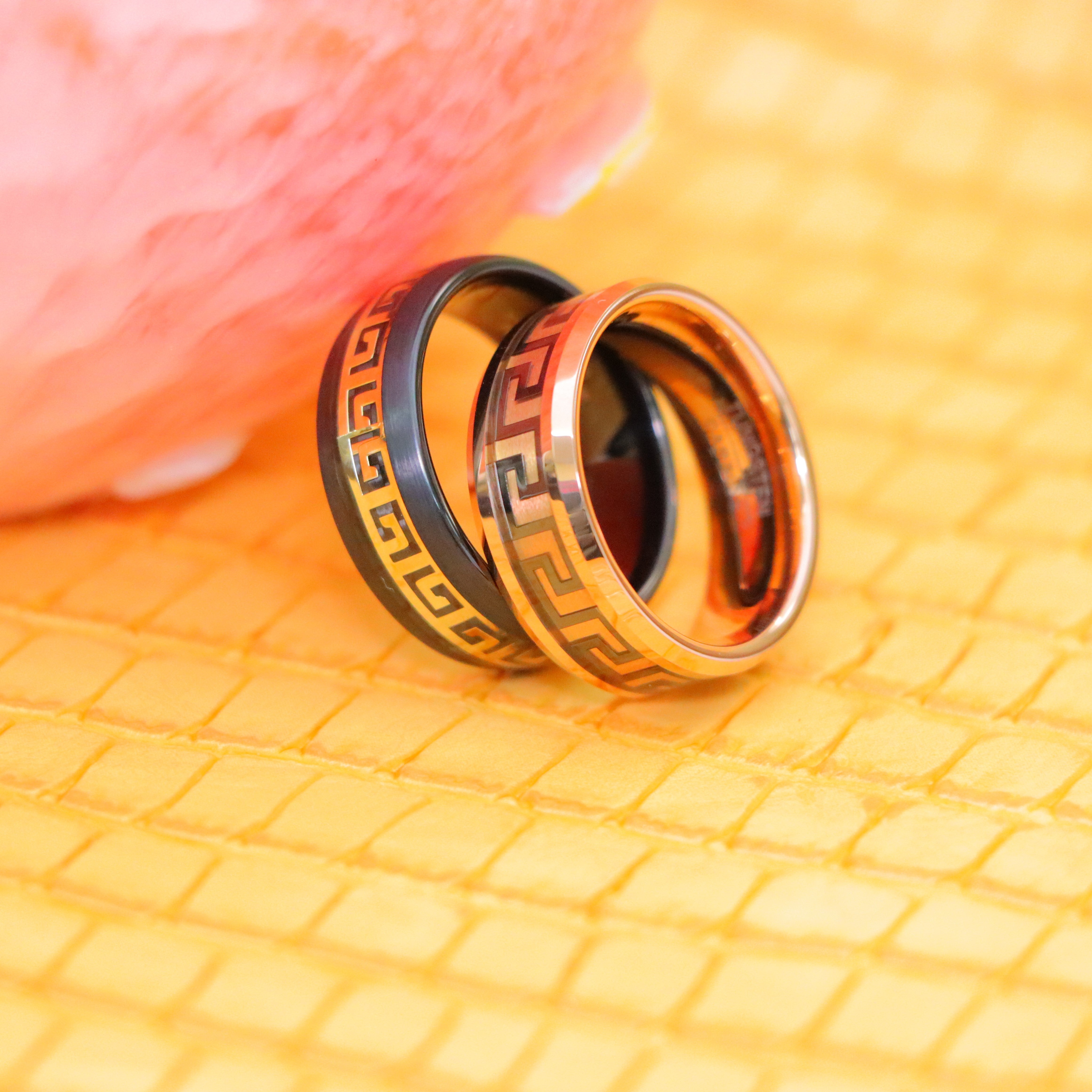 Rose Gold IP/Black IP High Polished Beveled Edge Greek Key Inlay Tungsten Ring - Labhu USA
