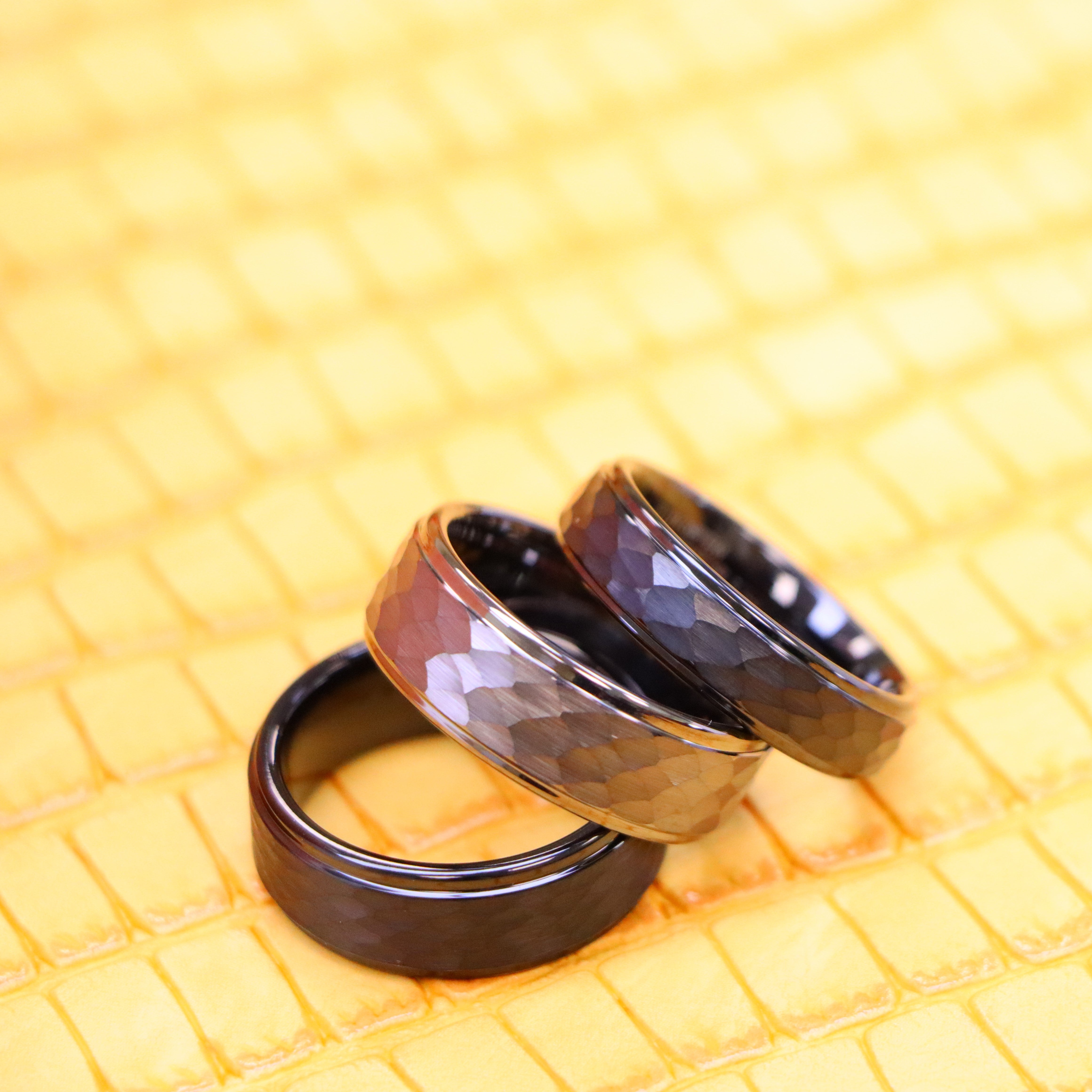 Black/Gun Metal IP Plated Hammered Center with Stepped Edge Tungsten Ring - Labhu USA