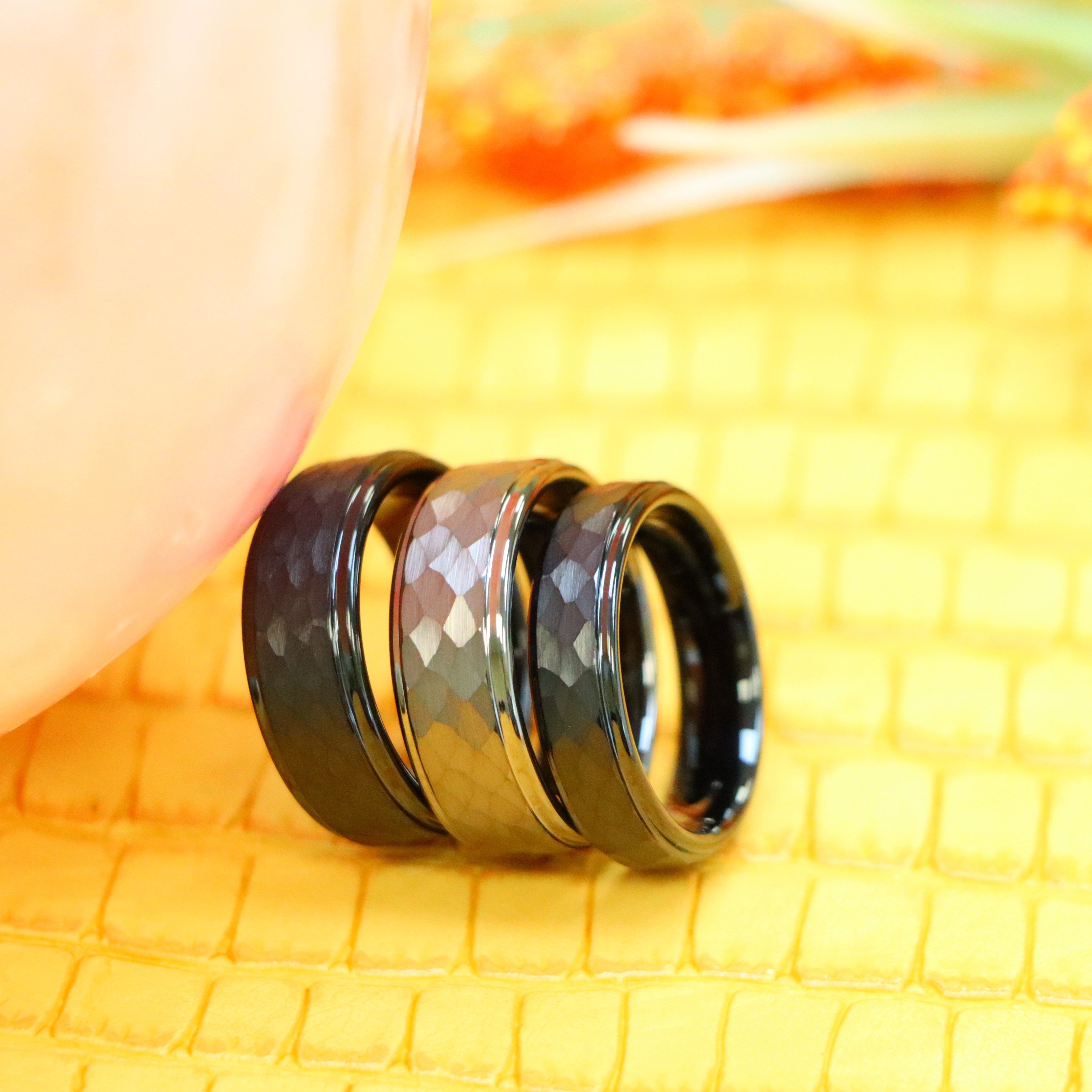 Black/Gun Metal IP Plated Hammered Center with Stepped Edge Tungsten Ring - Labhu USA