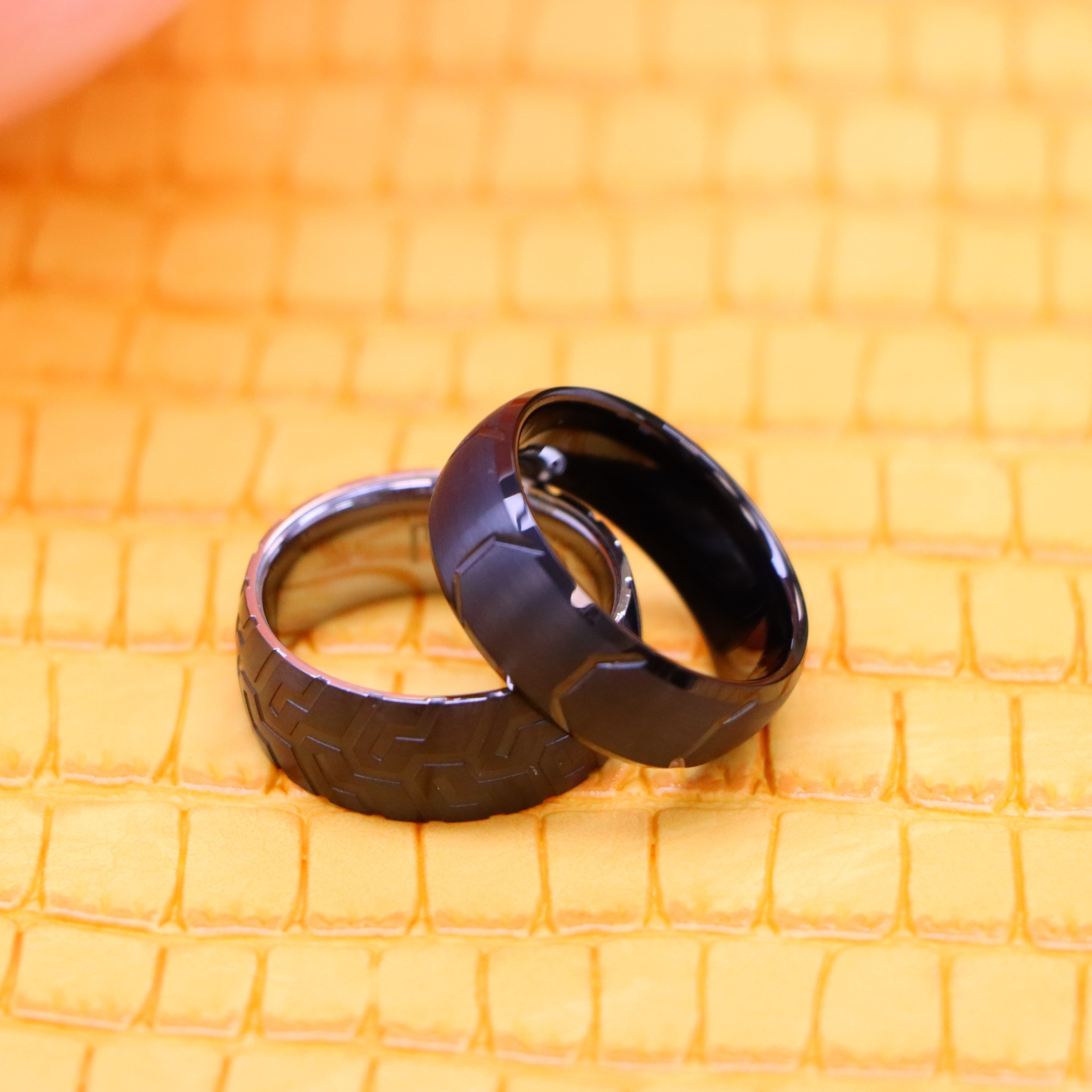 Semi-Domed Black IP Plated Tire Thread Center / Sleek Tire Tread Laser Carved Pattern Tungsten Ring - Men's Tungsten Jewelry Labhu USA