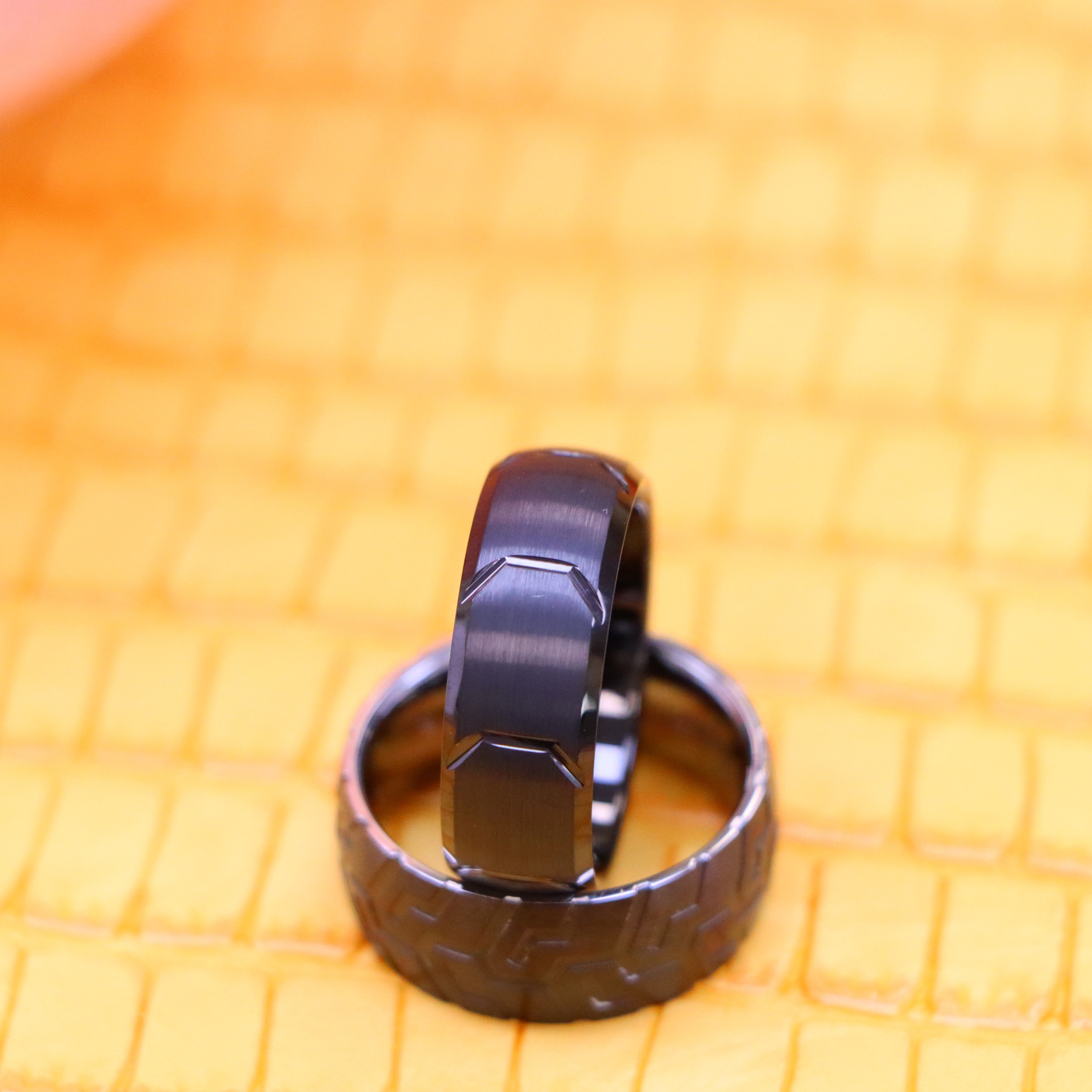 Semi-Domed Black IP Plated Tire Thread Center / Sleek Tire Tread Laser Carved Pattern Tungsten Ring - Men's Tungsten Jewelry Labhu USA