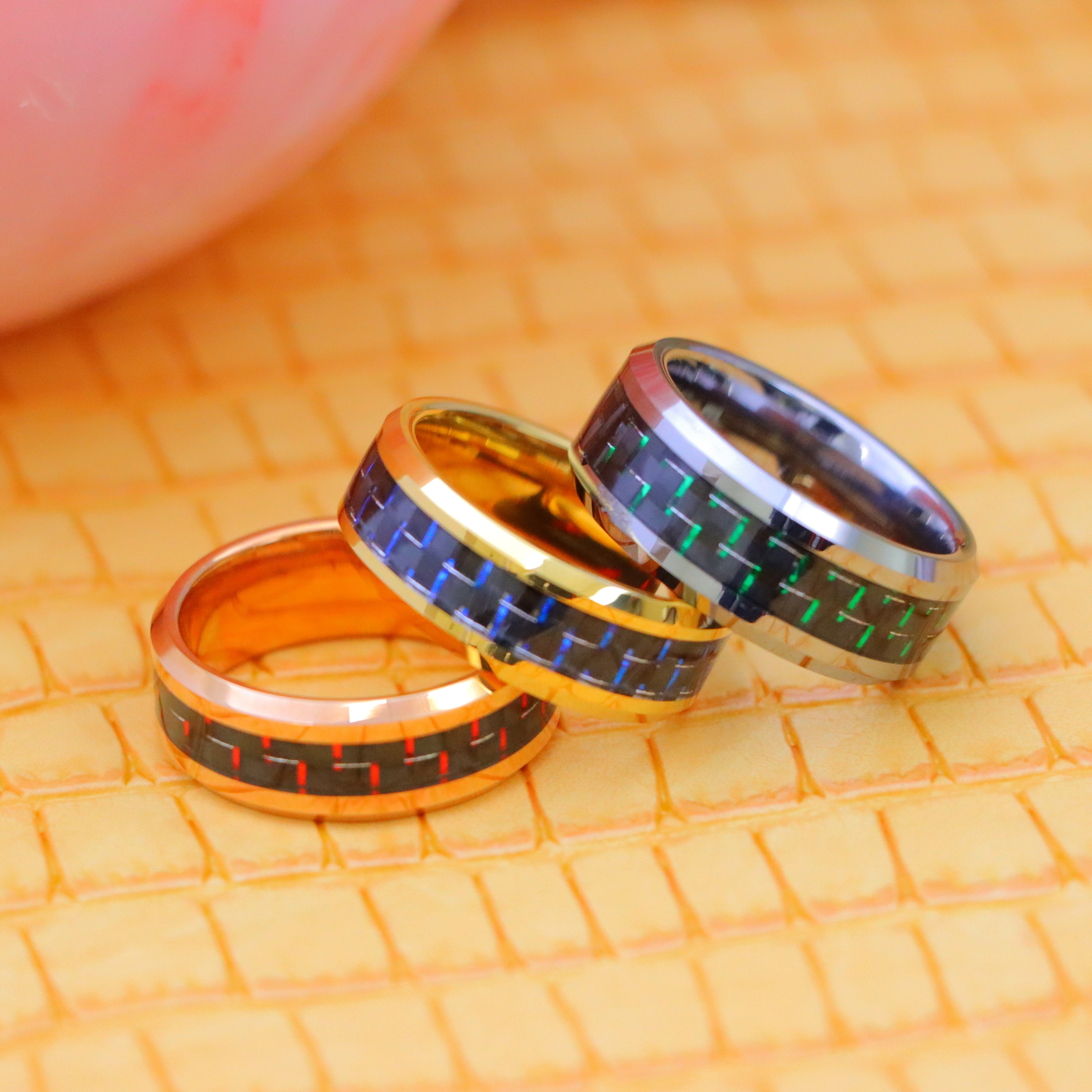 8mm & 9mm High Polish Green & Black, Blue & Black, Red & Black Beveled Edge Tungsten Ring for men one on one spreaded view