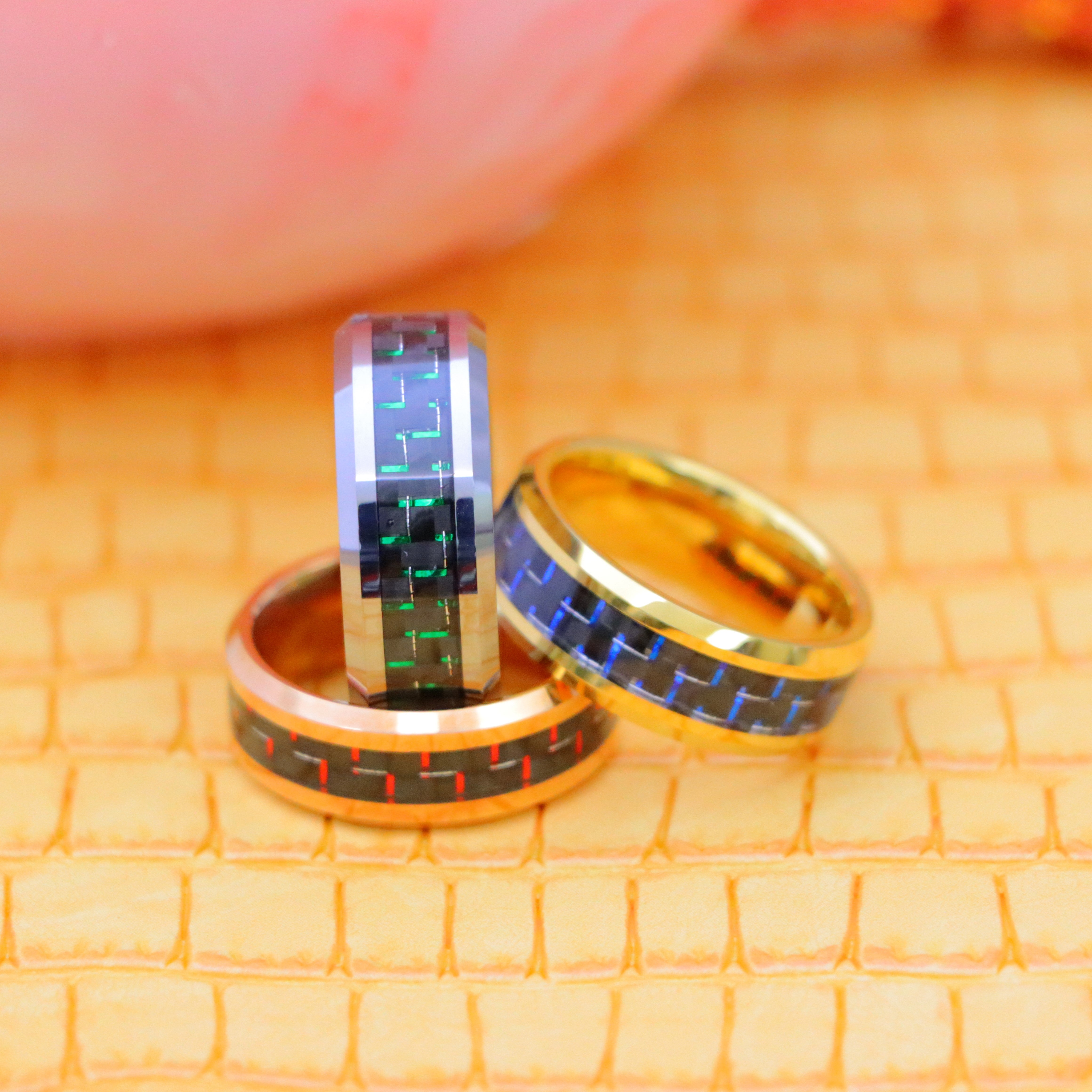 8mm & 9mm High Polish Green & Black, Blue & Black, Red & Black Beveled Edge Tungsten Ring for men product image view