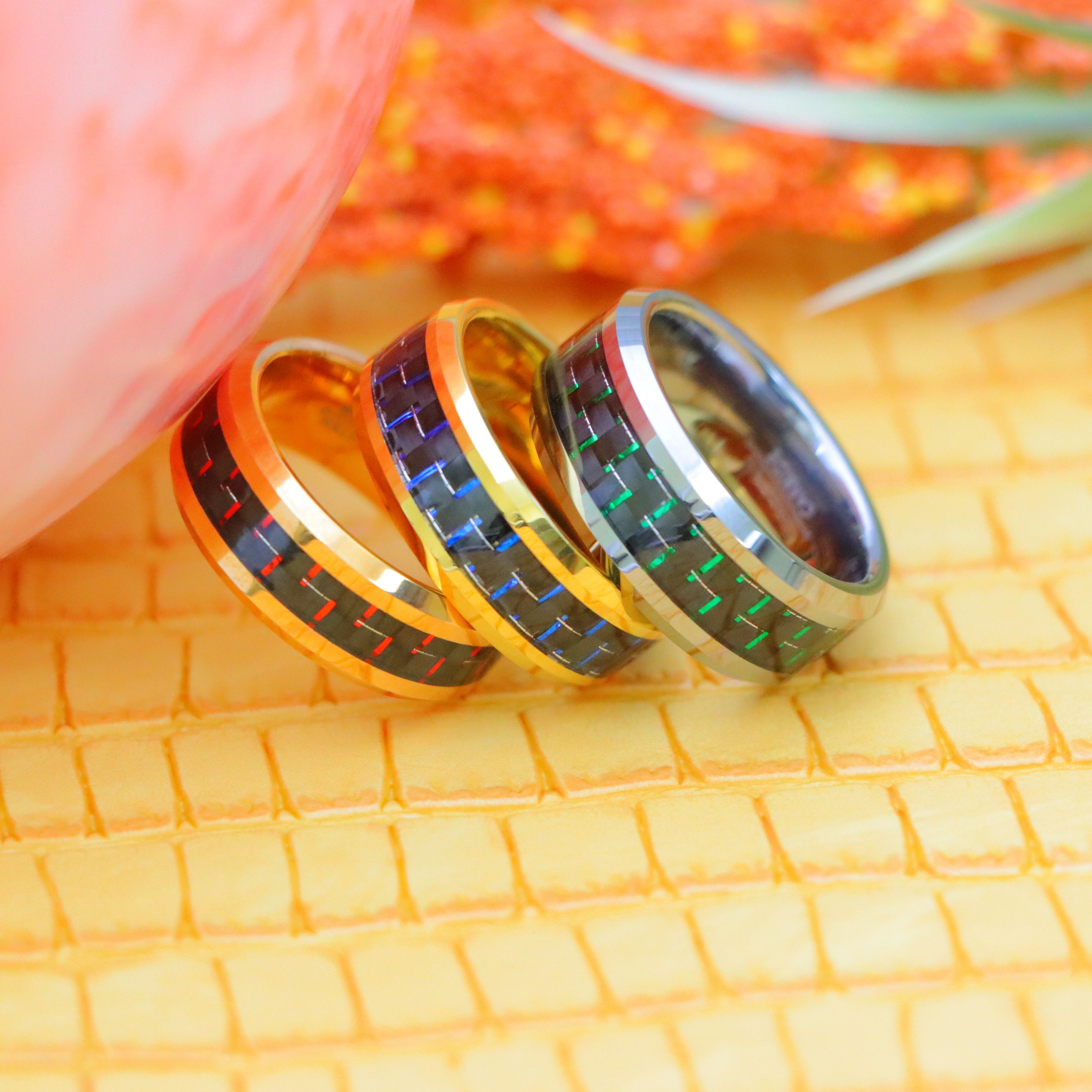 8mm & 9mm High Polish Green & Black, Blue & Black, Red & Black Beveled Edge Tungsten Ring for men shown like falling one on one