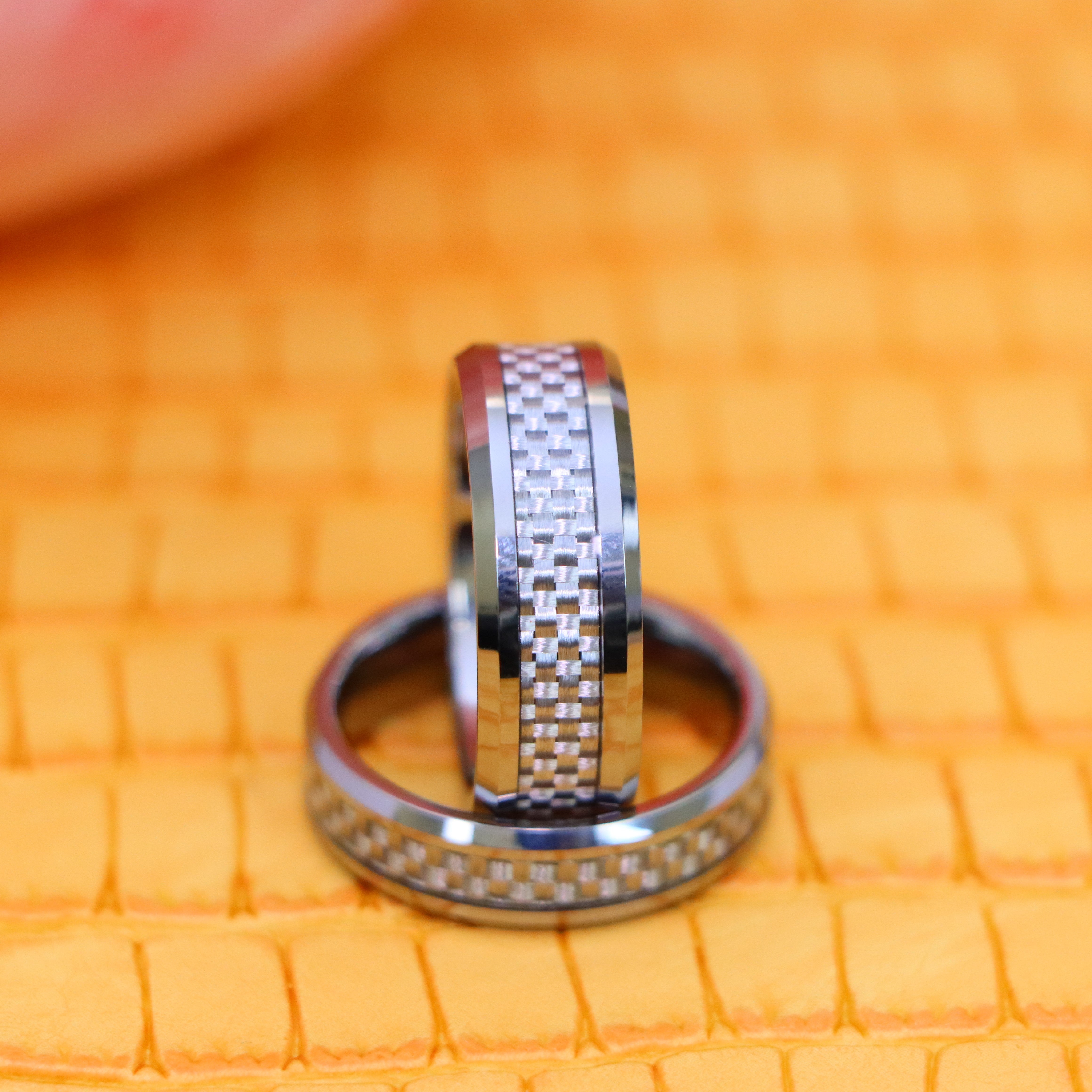 Grey Carbon Fiber Inlay Low Beveled Edge Tungsten Ring - Labhu USA