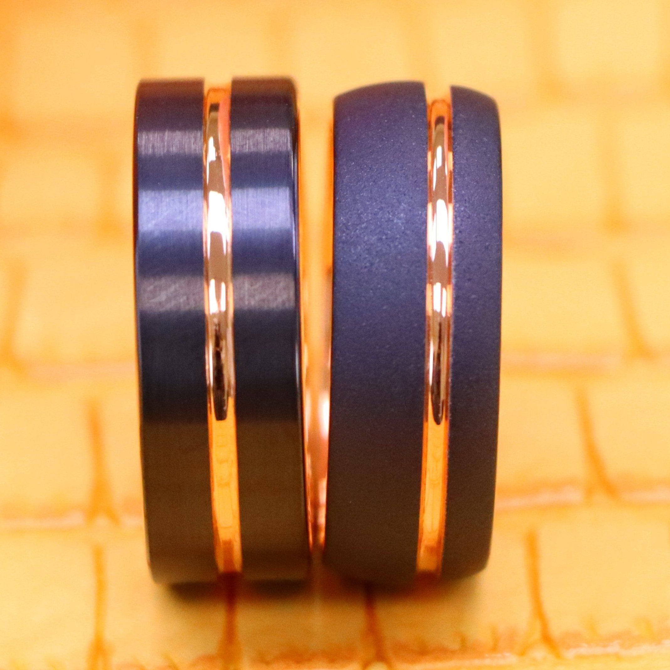 8mm Domed Rose Gold & Black IP Plated Sandblasted Finish/Rose & Black IP Grooved Pipe-Cut Tungsten Ring - Labhu USA